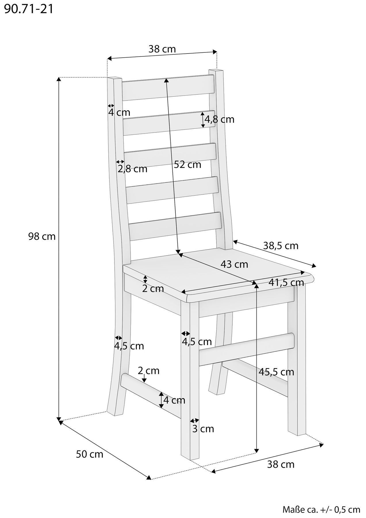 Stuhl, Gartenstuhl, Holzstuhl, Kufenlehne, Aufsatzstuhl, Skizze mit Maße