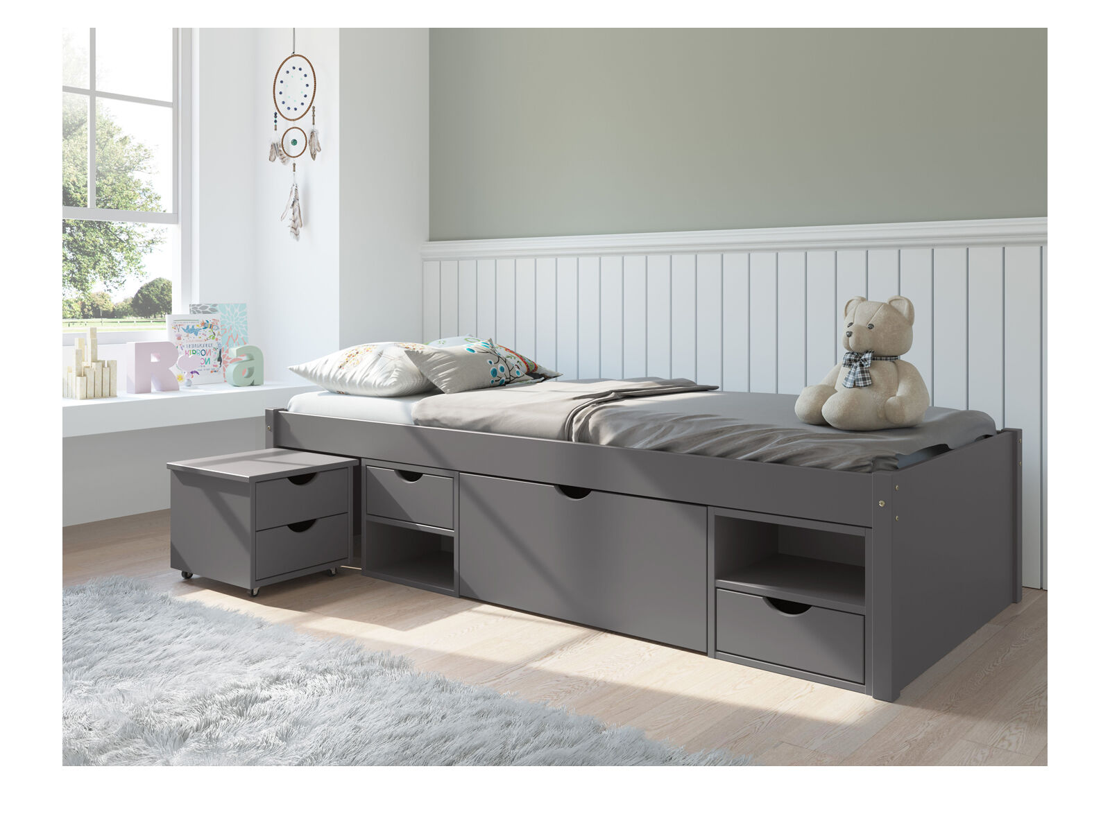 Kiefermassivholzbett grau 90 x 200 cm Funktionsbett Till 90 x 200 cm Massivholz grau