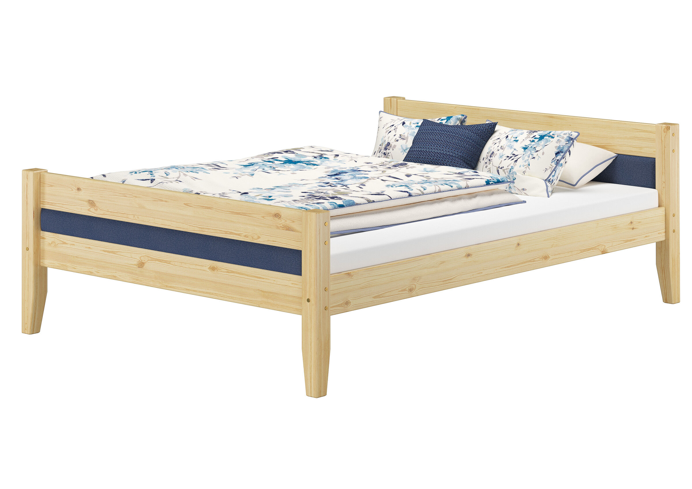 Holzbett, Doppelbett, Kiefer, Bettgestell, Blaues Detail, blaues-Doppelbett-Holz-160x200