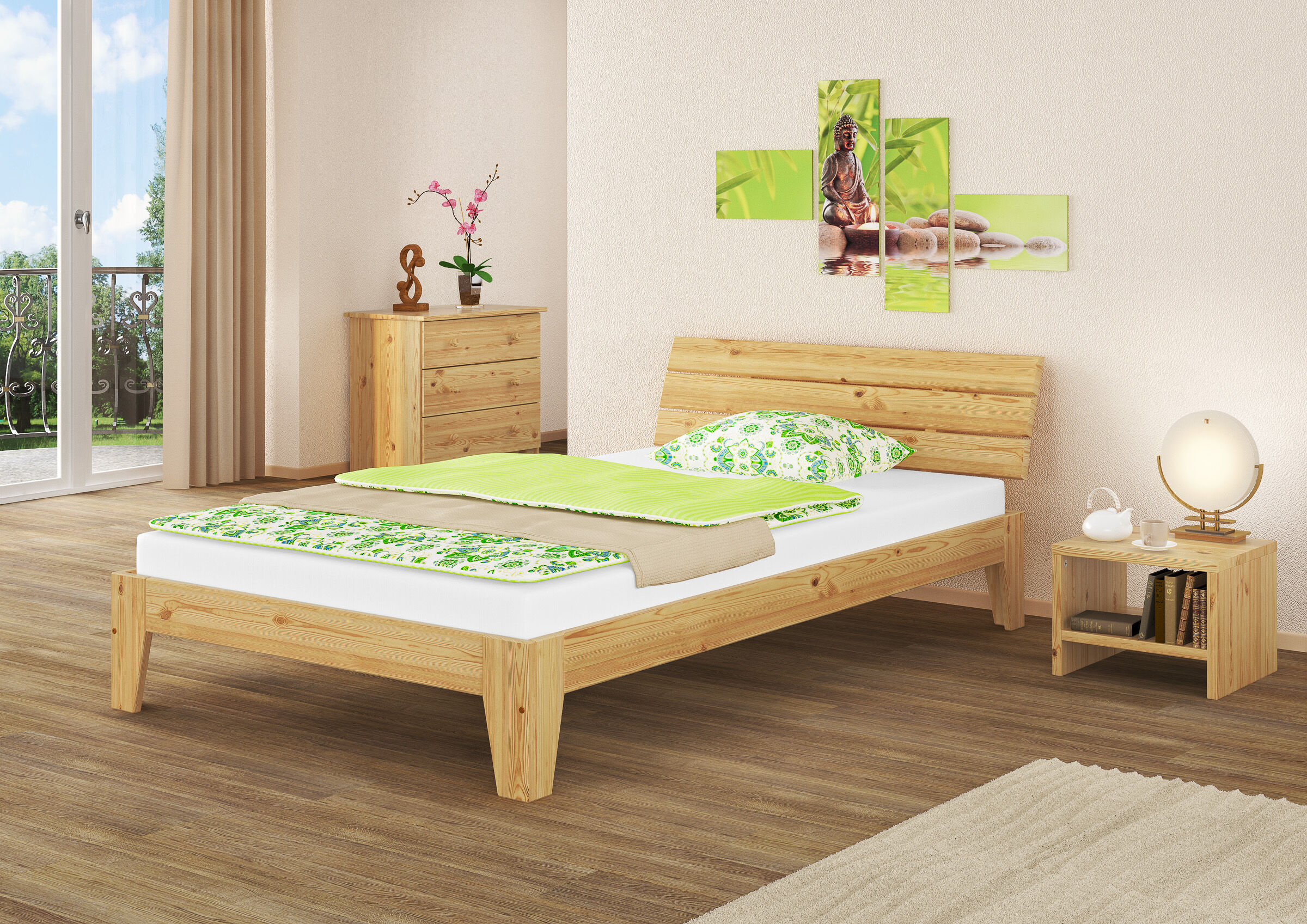 Holzbettrahmen, Holzbett, Doppelbett, Grüne Bettwäsche, Nachttisch aus Holz, Schlafzimmer mit Futonbett Kiefer natur