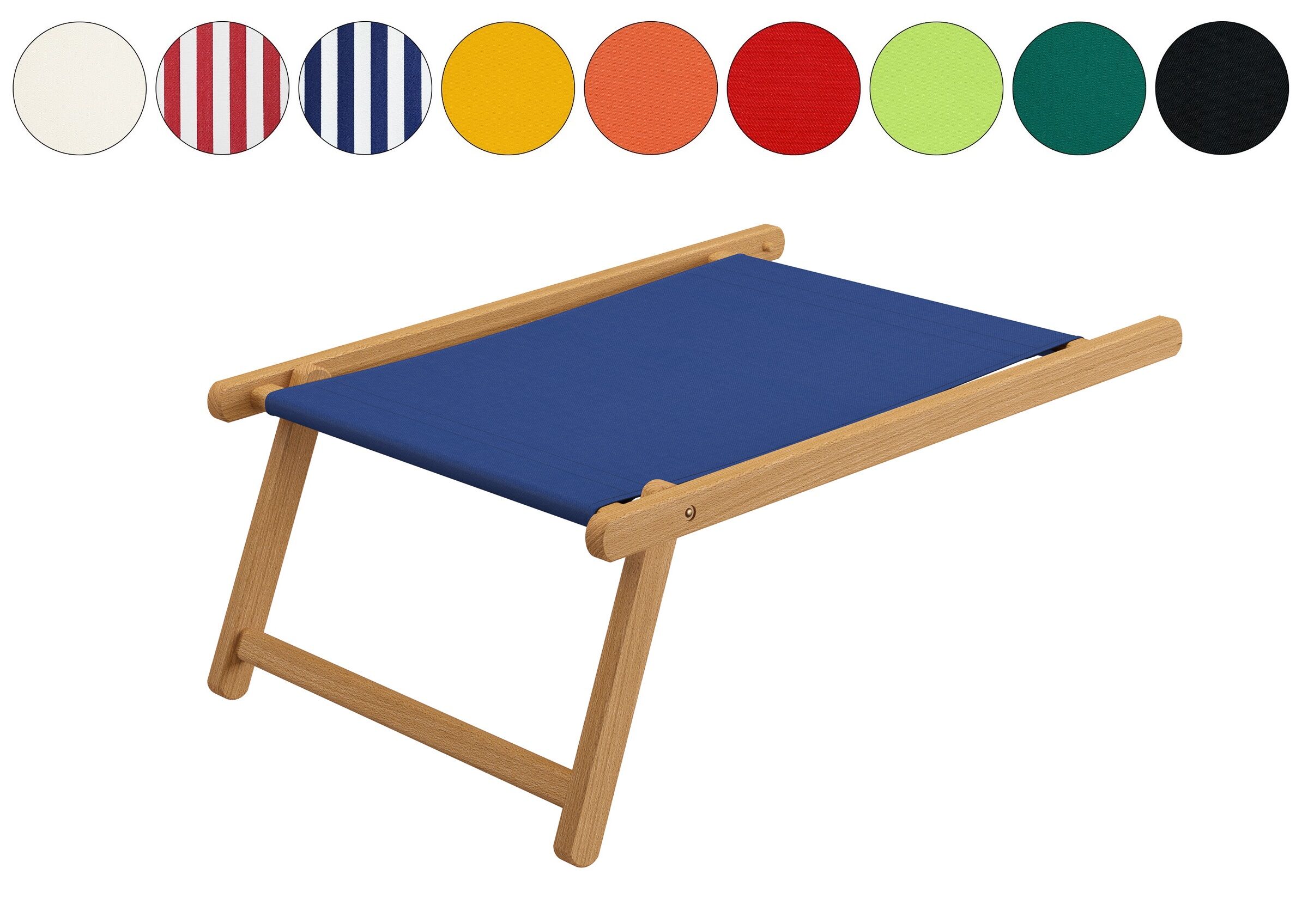 Fußhocker, Holzgestell, blauer Stoffbezug, klappbar, Farbvarianten, Helles Fußteil mit wählbarer Stofffarbe