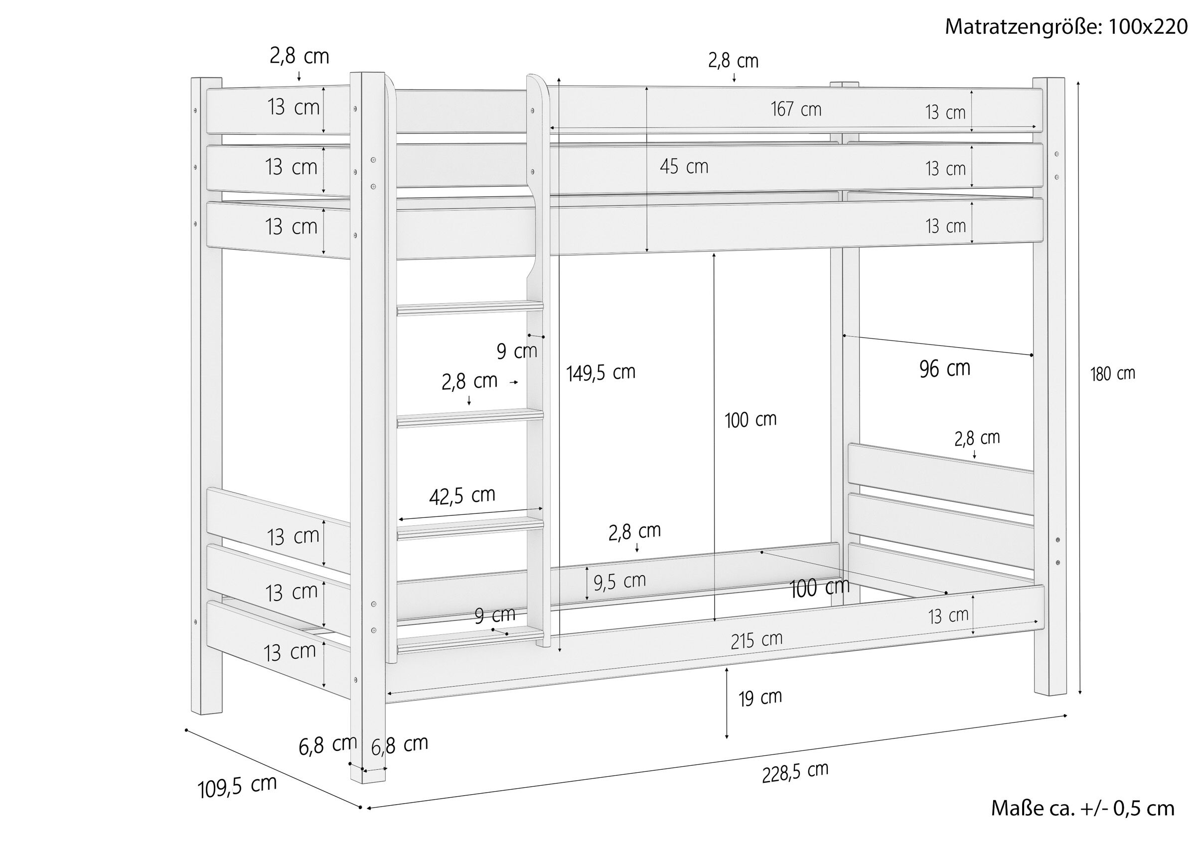 Etagenbett, Holz, Wohnbett, Stockbett, Maße 100x220, Skizze mit Maße Etagenbett