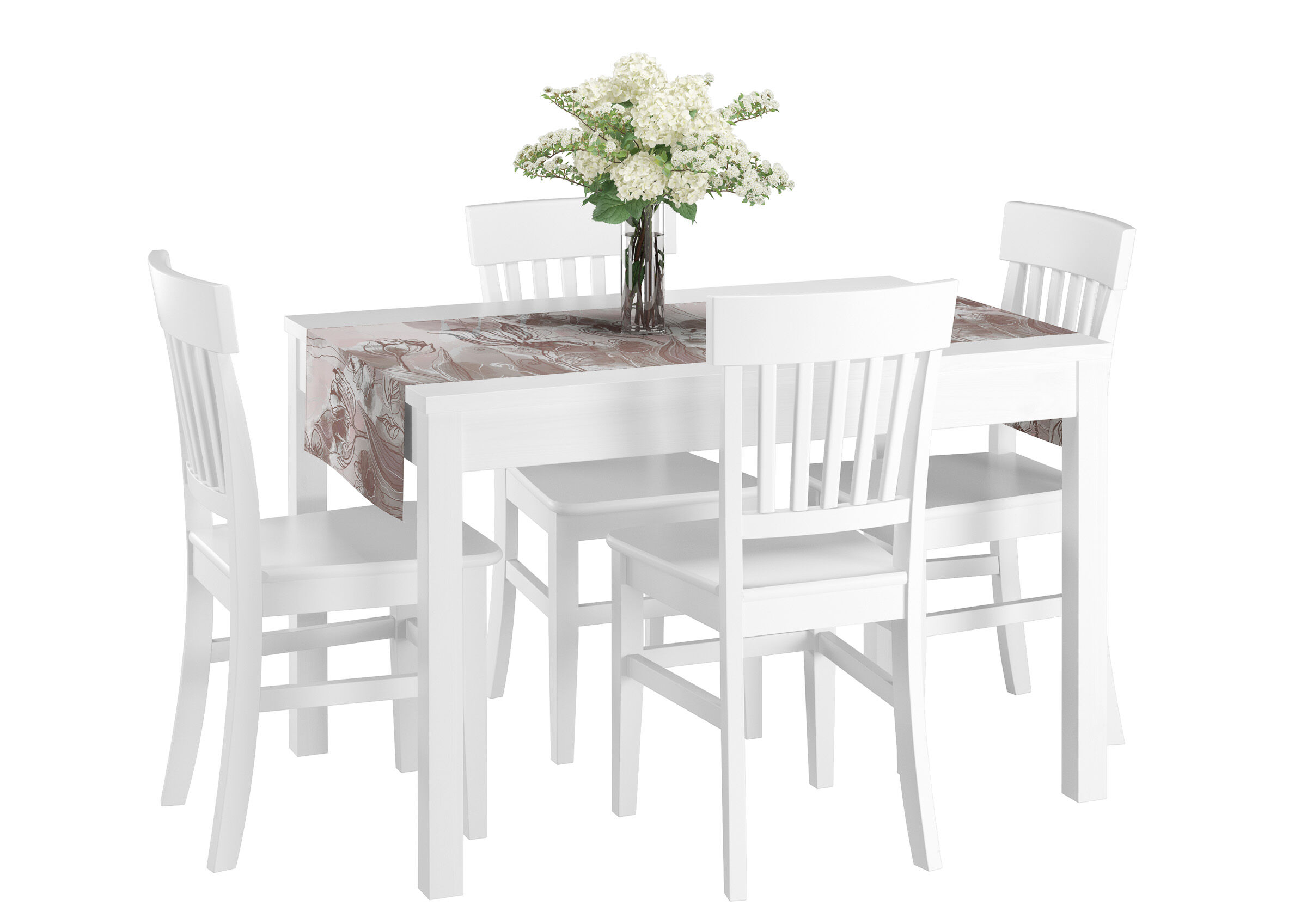 Esstisch, Holztisch, weiß, Blumenvasen, Tischdecke, Esstisch-Kombi weiß mit Flieder