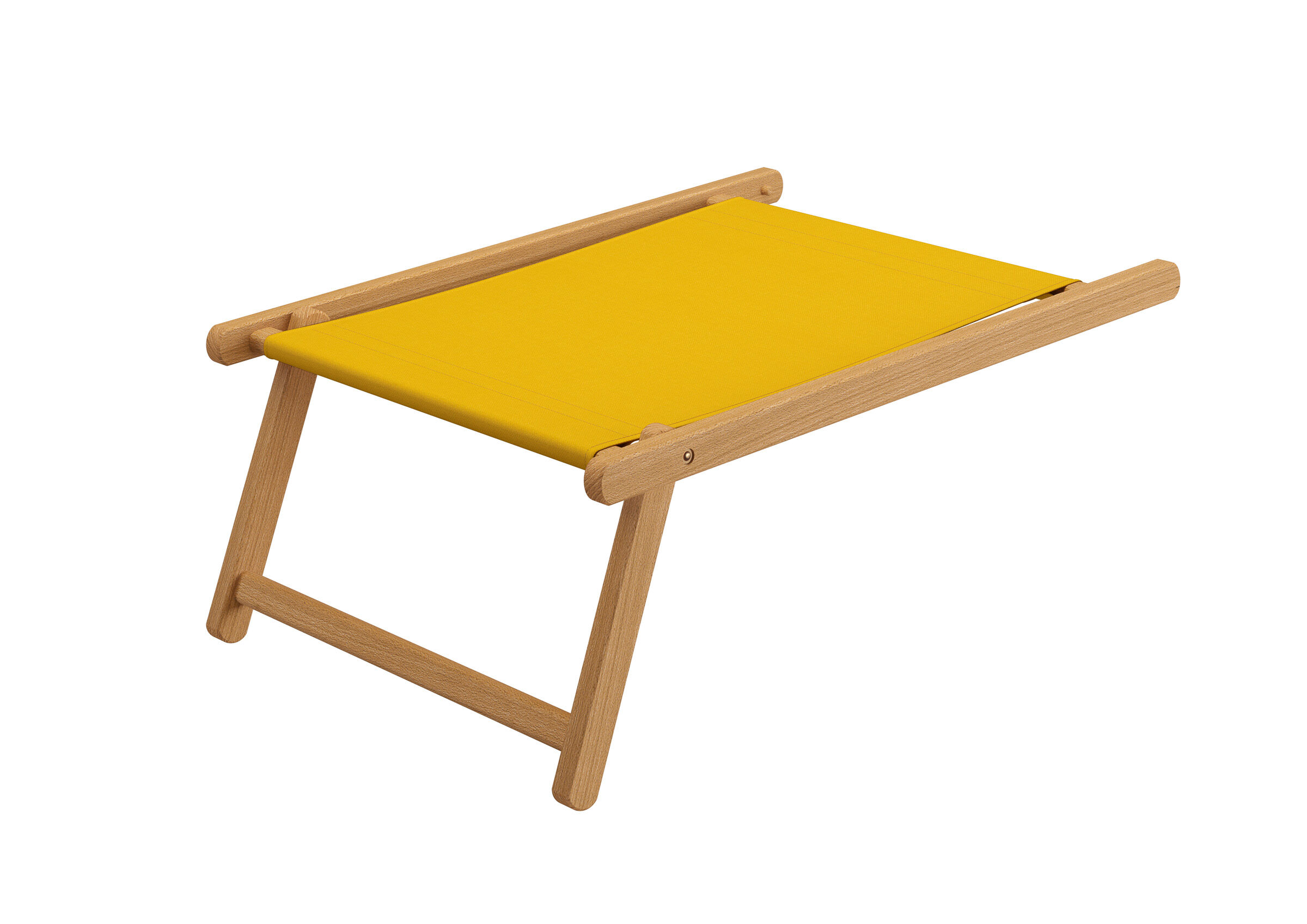 Holztablett, Klappgestell, gelbe Sitzfläche, Holzrahmen, Helles Fußteil mit Stofffarbe gelb