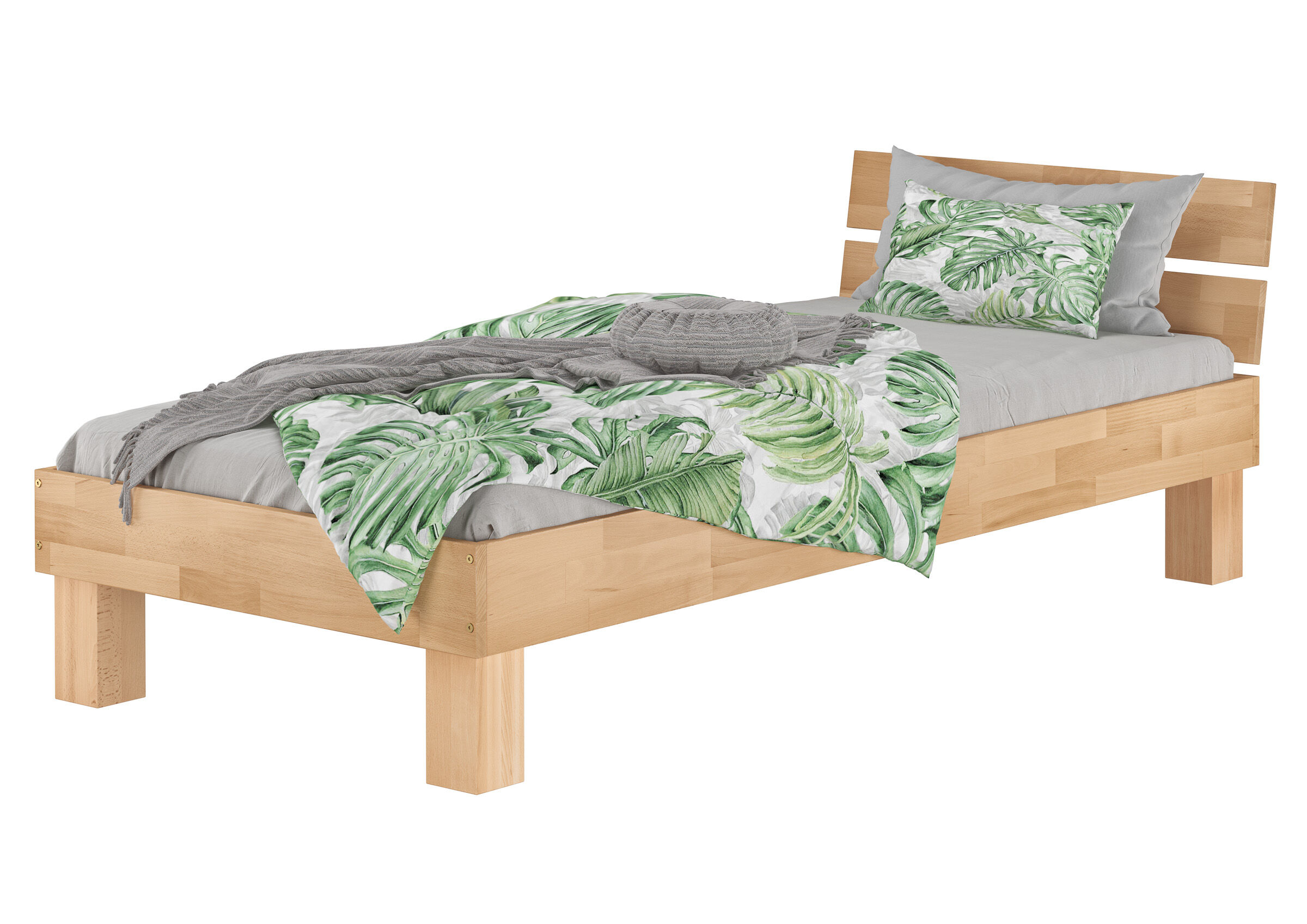 Einzelbett, Holzbett, Betttopf?, Grünes Blattmuster, Bettwäsche-Set, Zeitloses Gästebett 90x200 mit Kopflehne