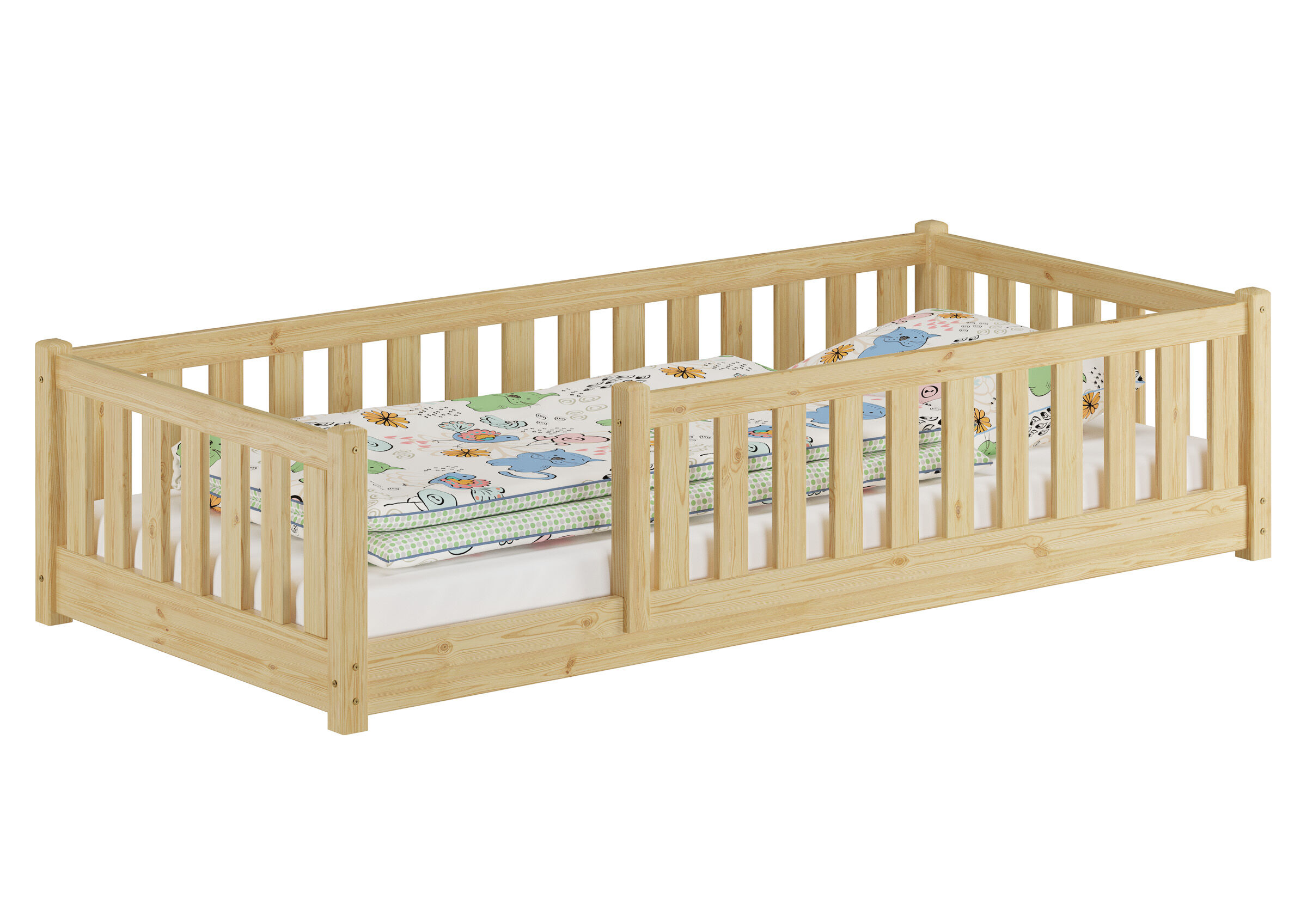 Kinderbett, Holz, Kiefer, Lackiertes Holz, Matratze, Niedriges Futonbett 90x200 mit Rundumsicherung
