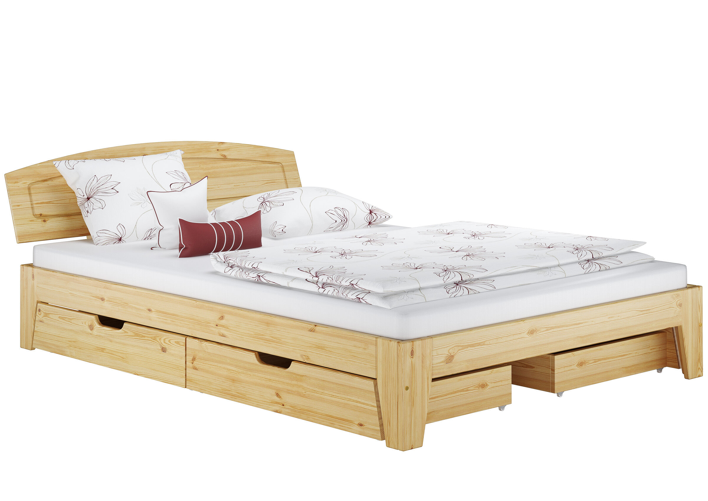 Bettrahmen, Holzbett, Massivholz, Bett mit Stauraum, Weißes Bettwäsche-Set, Doppelbett mit Schubladen