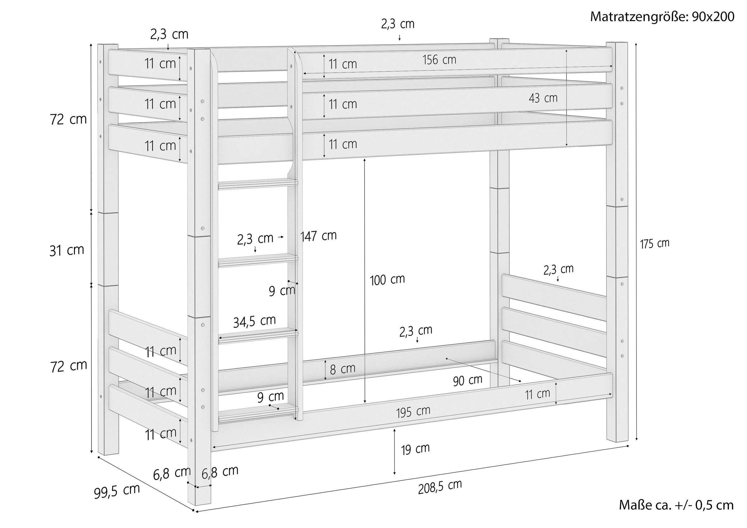 Etagenbett, Kleines Bett, Holzbett, Schräge Leiter, Maße 90x200, Skizze mit Maße