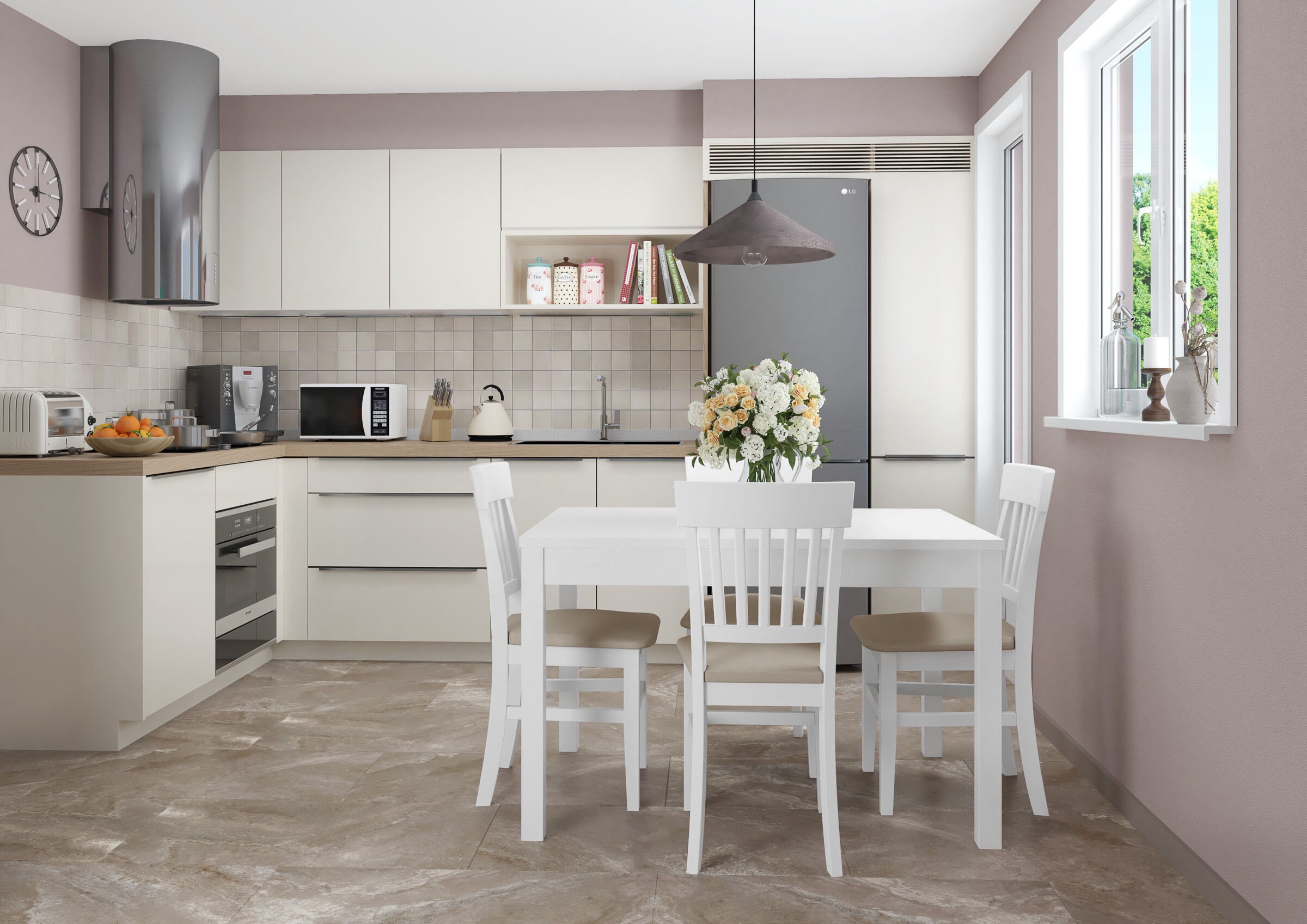 küche, küchentisch, weiße schränke, kühlschrank, blumen arrangement, Küche mit Sitzgarnitur Kiefer waschweiß