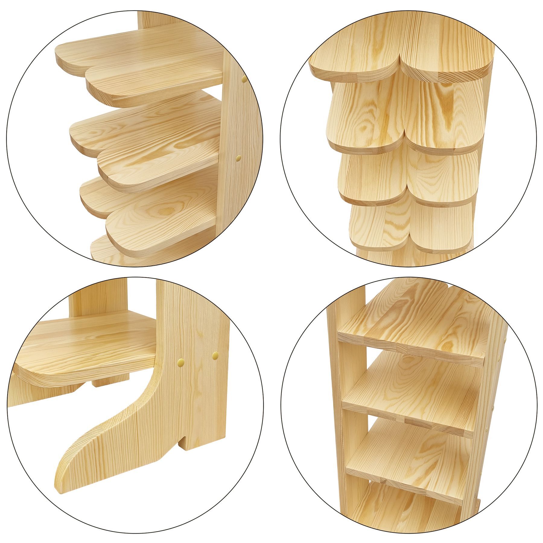 Holzregal, Regalstufen, Holzmaserung, Naturholz, Regalboden, Kiefernholzablage im Detail