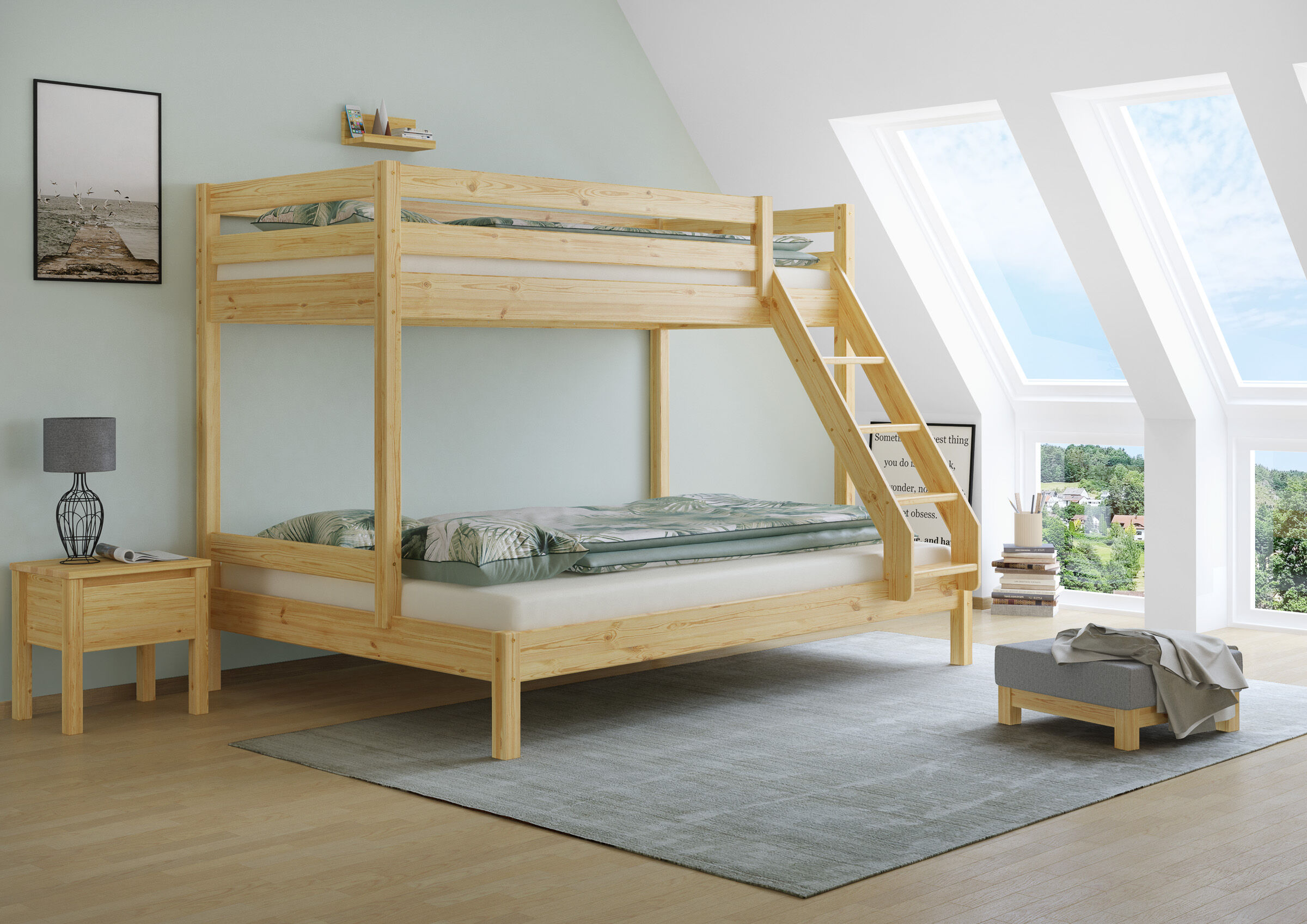 Etagenbett, Holzbettrahmen, Stockbett, Kiefernholz, Kinderzimmer, Zimmerbild Etagenbett Kiefer natur