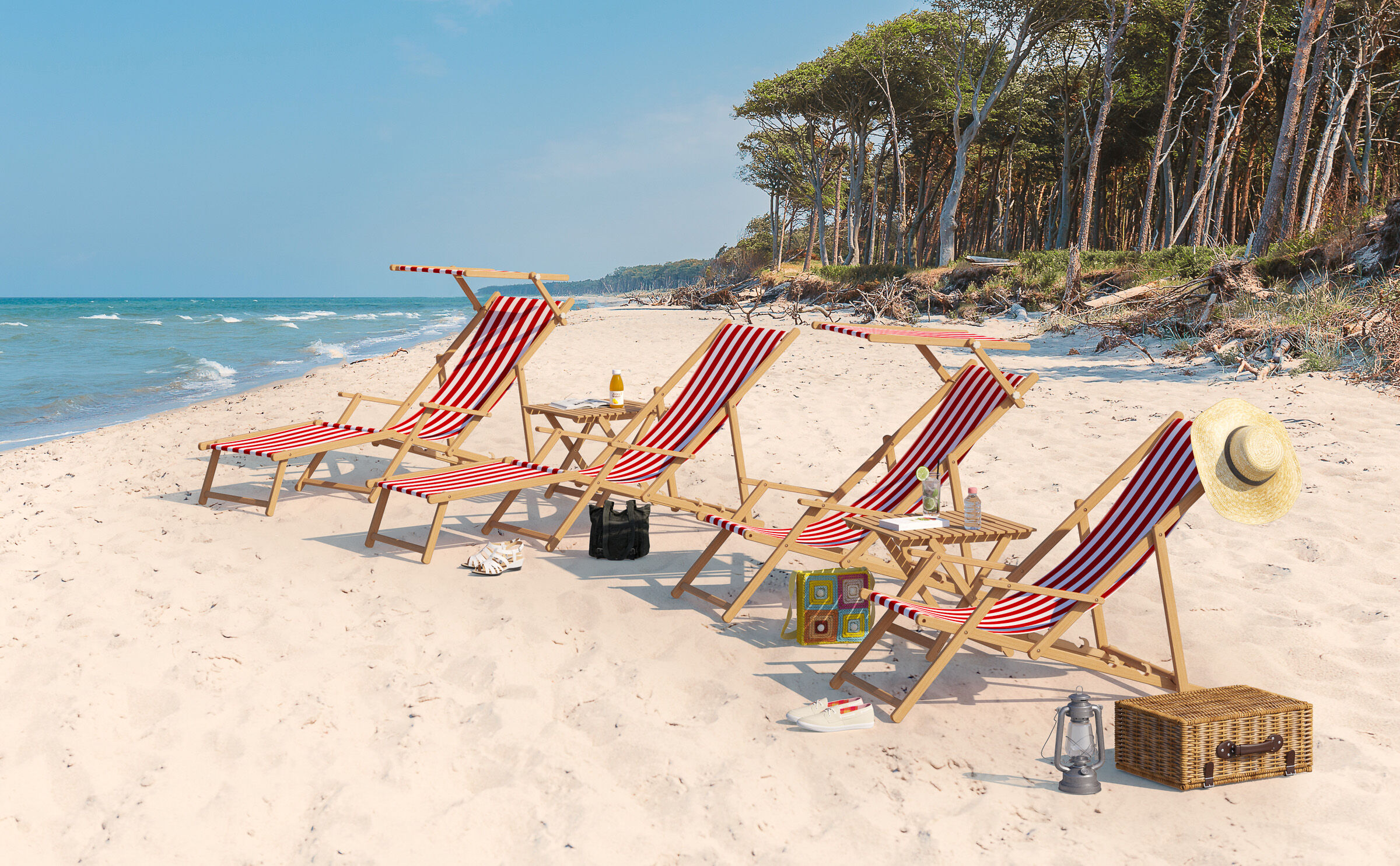 Strandstuhl, Sonnenliege, Rot-Weiß Streifen, Sommerkorb, Sandstrand, Liegestuhle mit optionalen Ausstattung mit Stofffarbe rot/weiß