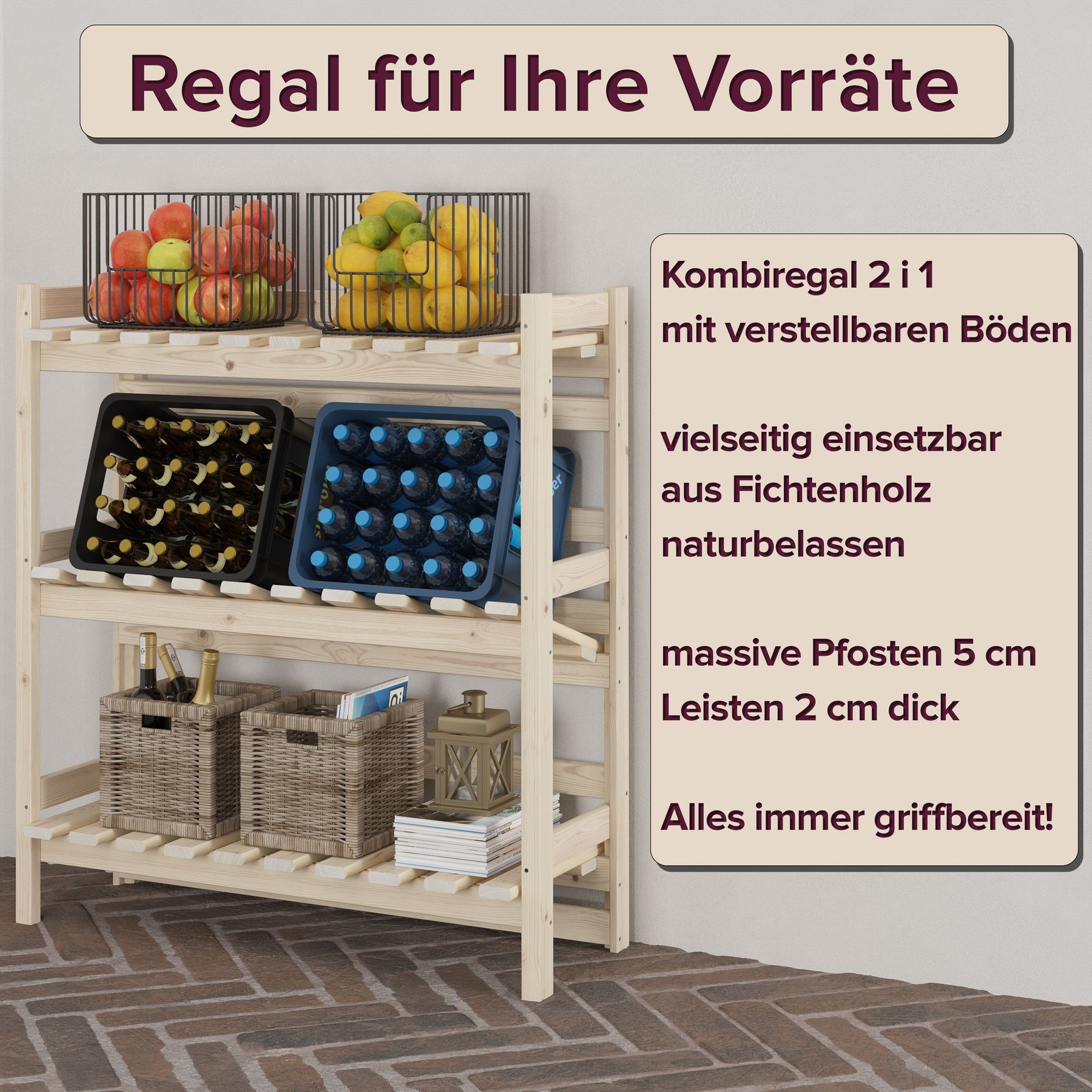 Regal, Holzregal, Weinregal, Kompakt, Aufbewahrung, Regal für Vorräte