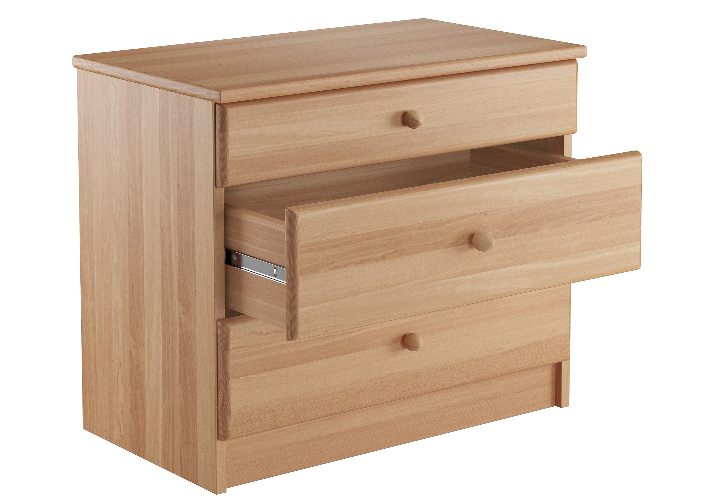 Nachttisch, Nachtkommode, Holz, Schublade, Rundknopf, Nachtkonsole Buche drei Schubladen