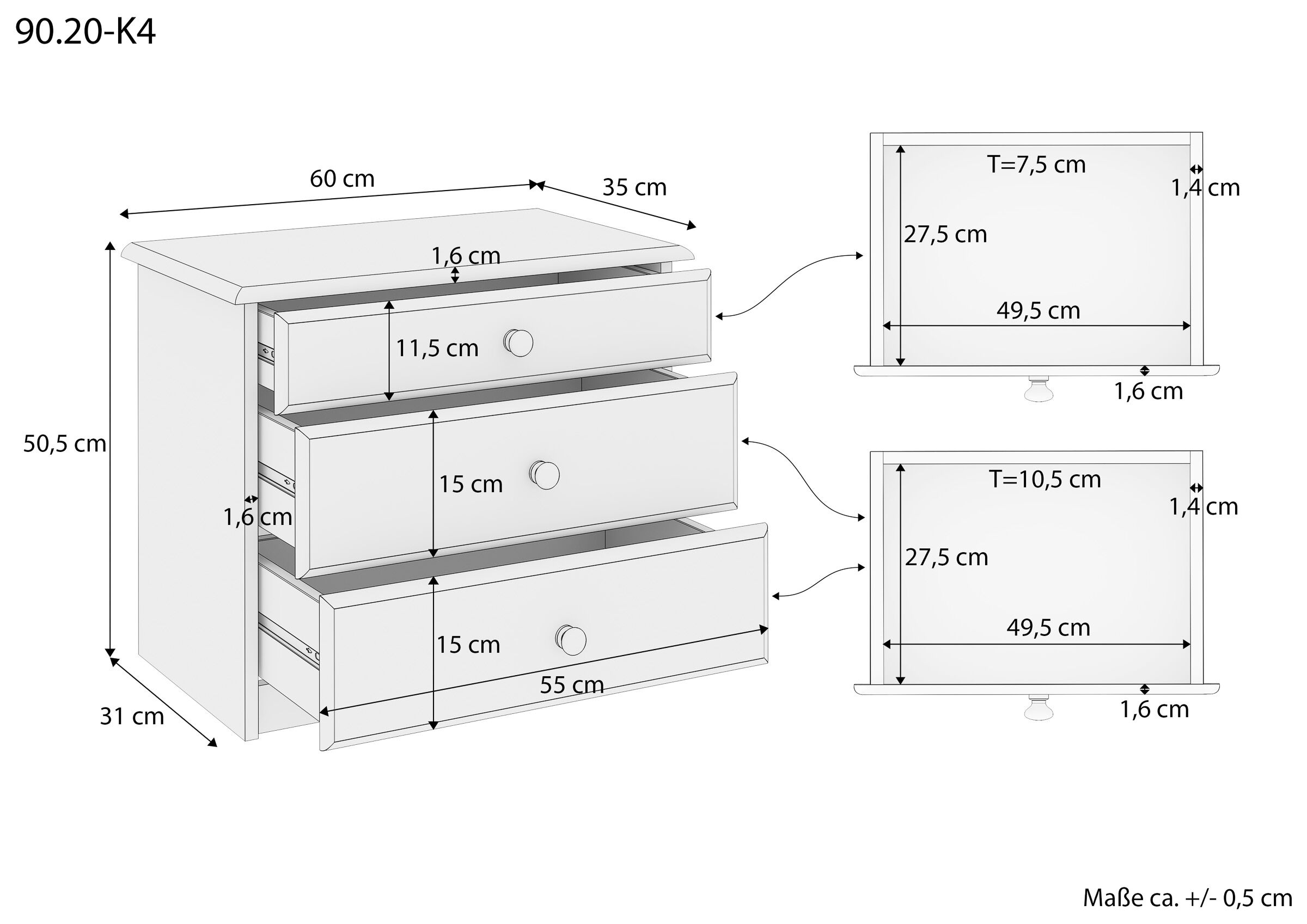 Schublade, Mobiliar, Kabinett, Diagramm, Handlung, Maße des Nachtkastens mit 3 Schubladen