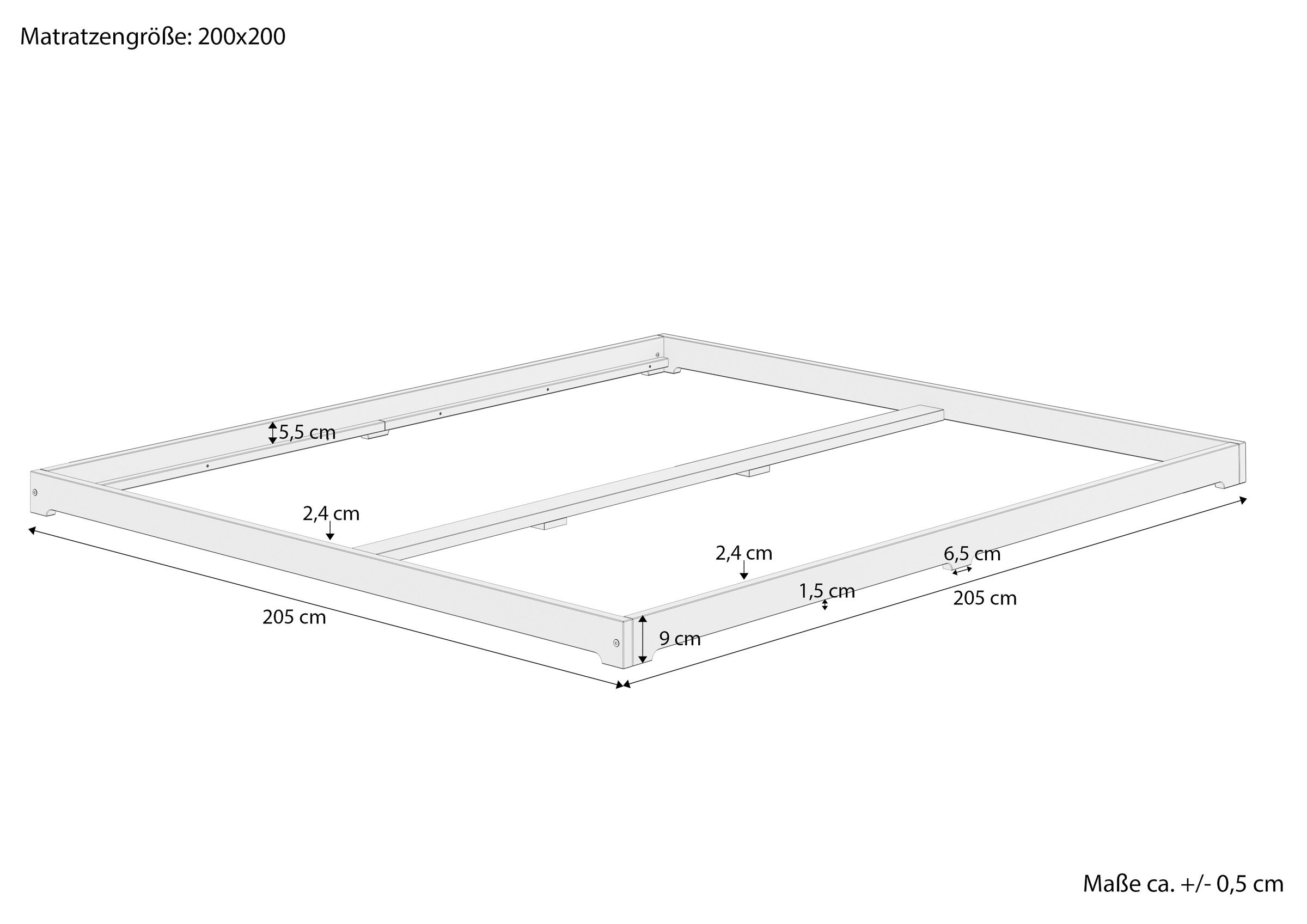 Maße des niedrigen Kiefernholzbettes 200x200 Maßskizze des Futonbettes 200x200