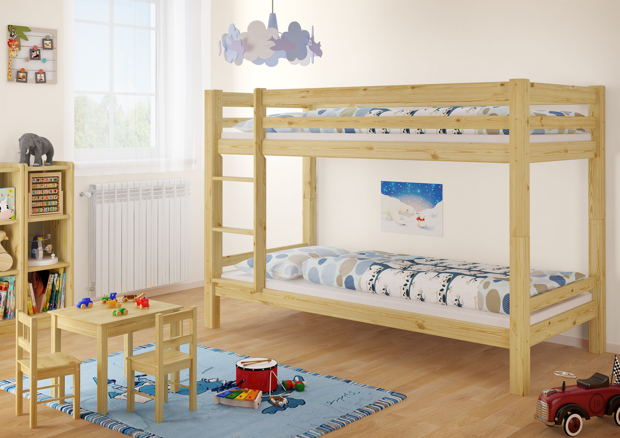 Etagenbett, Kinderzimmer, Holzbett, Bettgestell, Bett mit Leiter, Kiefer Etagenbett