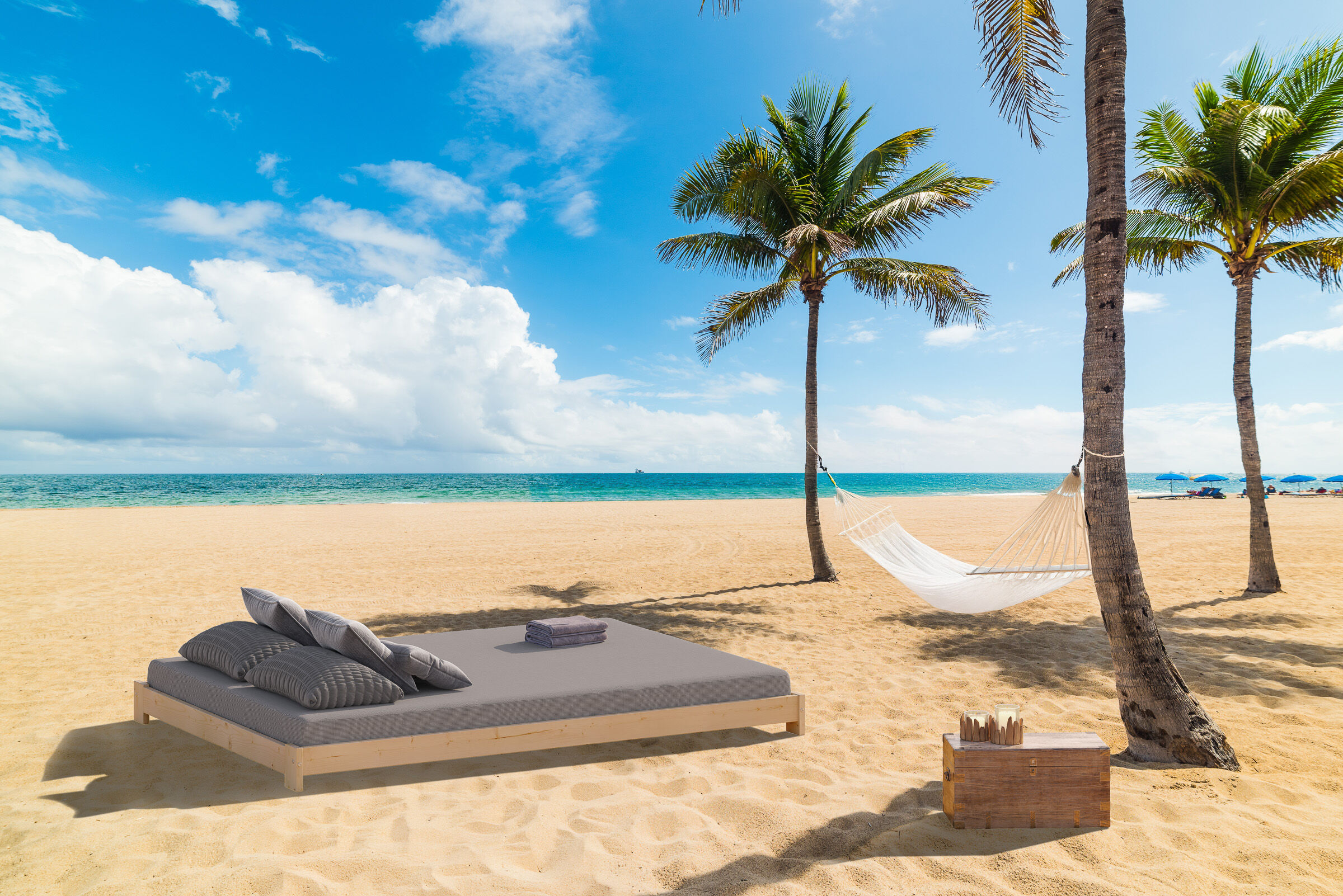 strandbett, himmel, palmen, hammock, kissen, Sandstrand mit Outdoor-Bett