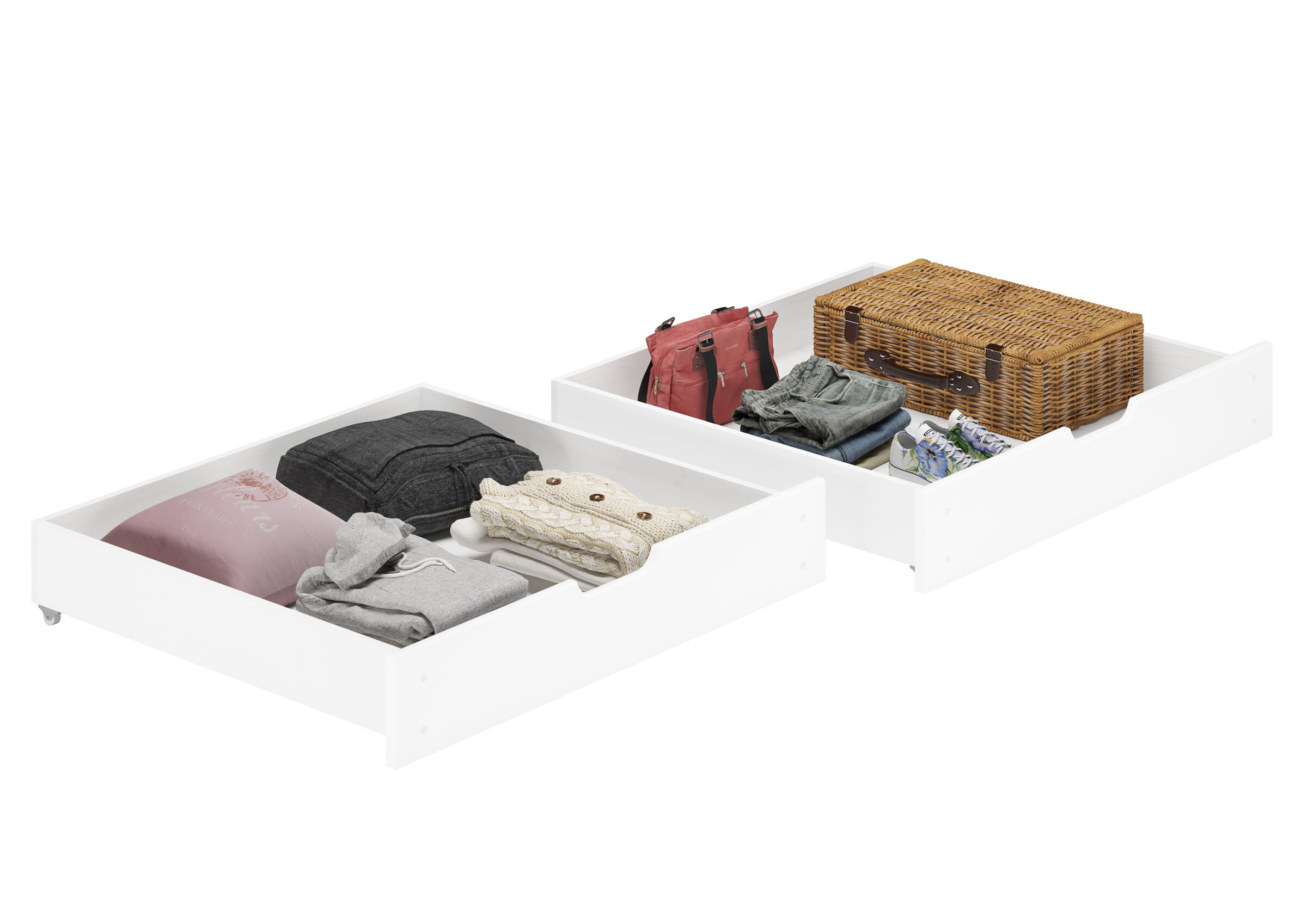 Kleiderschrank-Schublade, Schubladensystem, Wäscheorganizer, Korb, Koffertrageboden, weiße Bettschubladen