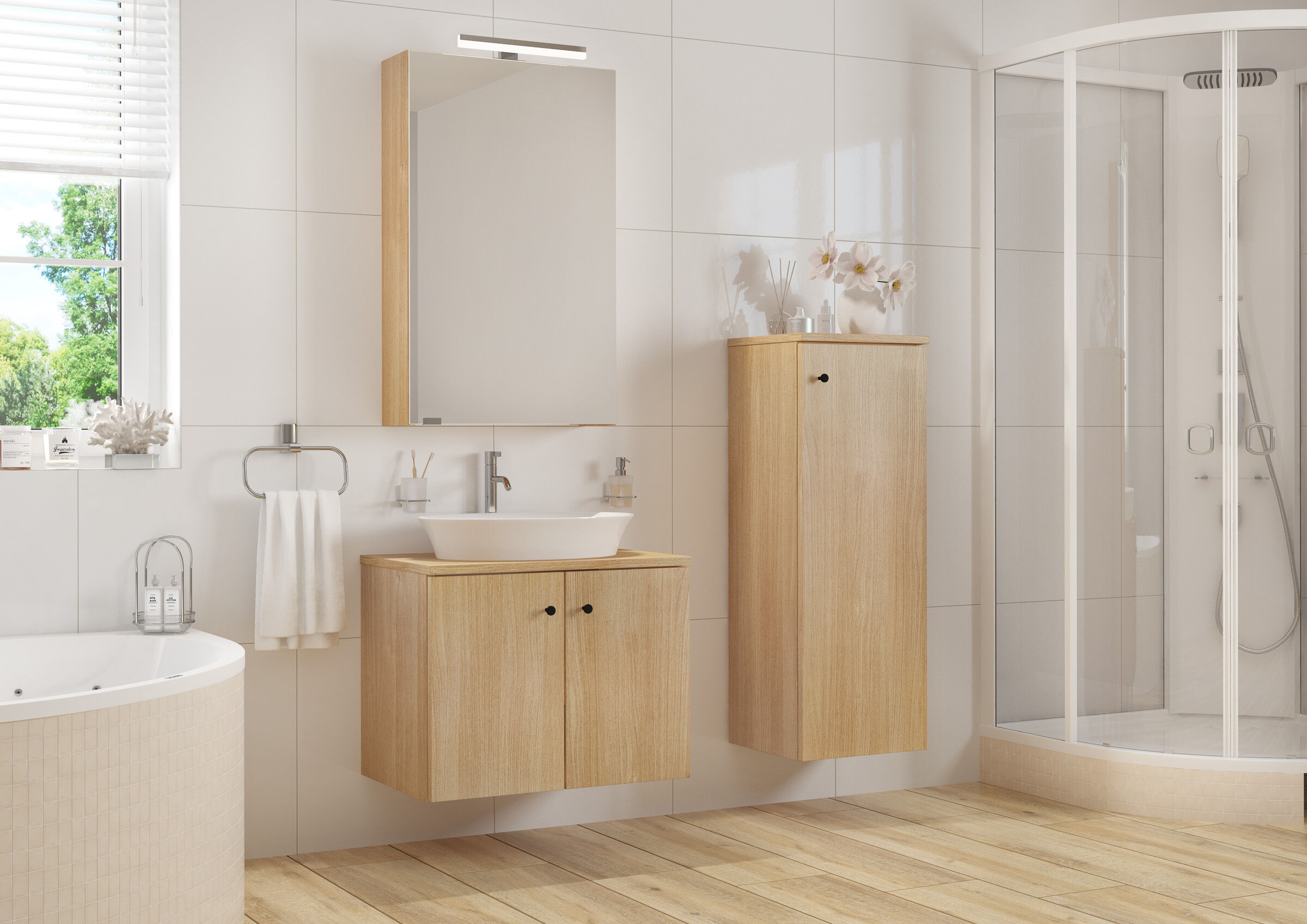 Badezimmer, Waschtisch, Holzoptik, Waschbecken, Duschkabine, Badezimmer Set ohne Füße als Beispiel