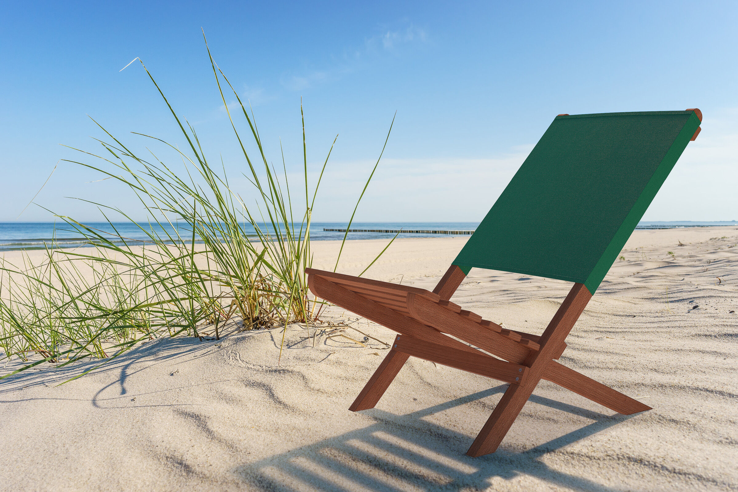 strandkorb, liegestuhl, grün, holz, sand,
