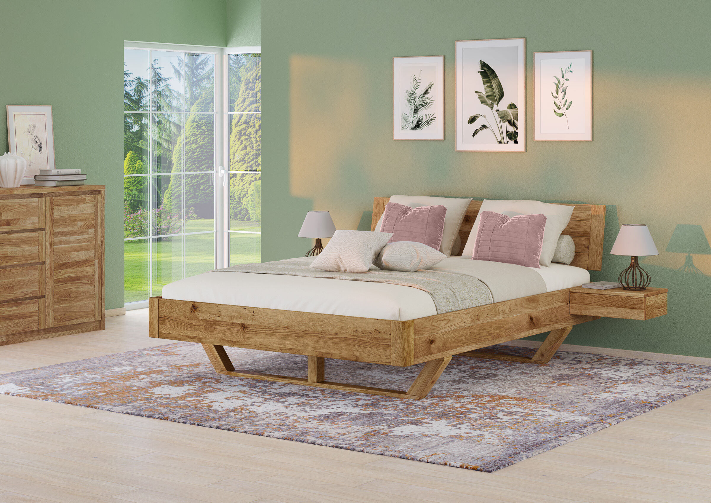 bett, Holzbett, Holzbettgestell, naturfarbene harmonie, Nachttisch, Zimmerbild des Doppelbettes 160x200 in Schwebe Optik