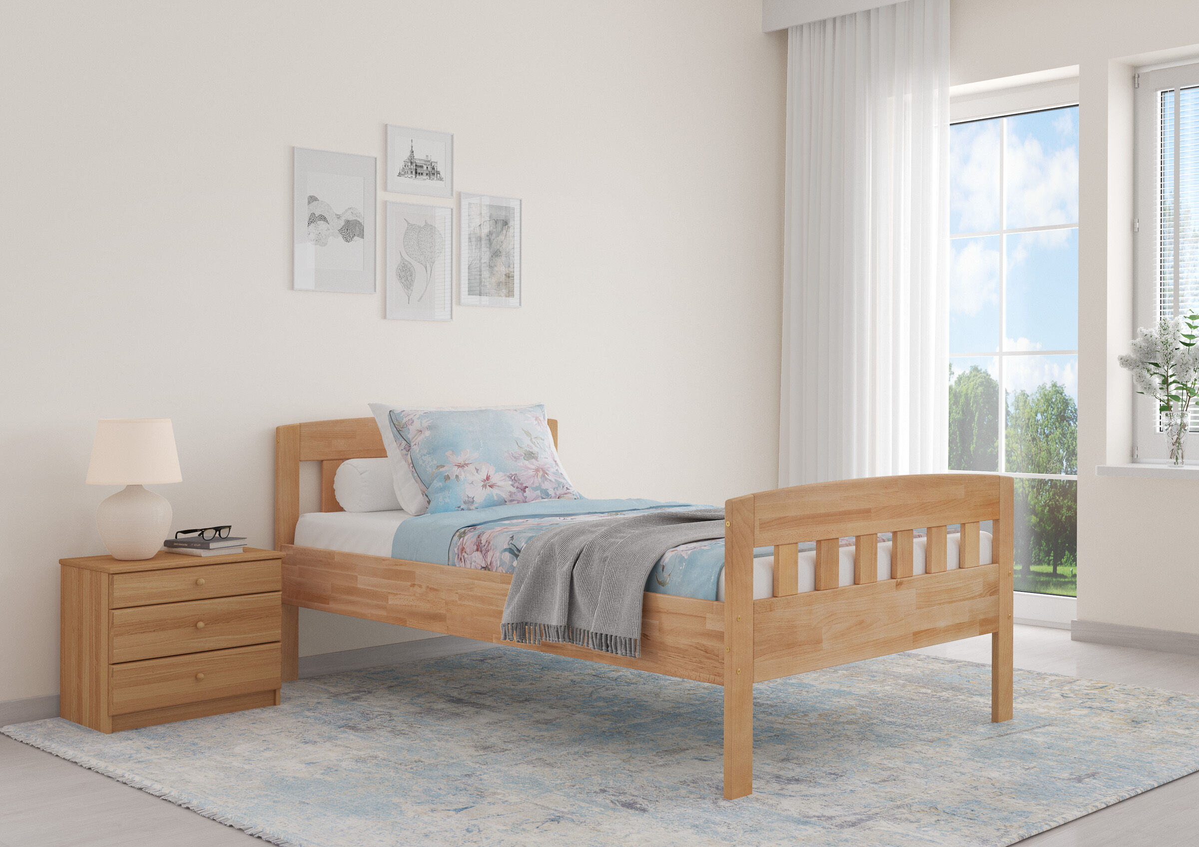 Holzbett, Kinderzimmer, Bettgestell, Nachttisch, Kissenbezug, Holzgestell breites Einzelbett 120x200