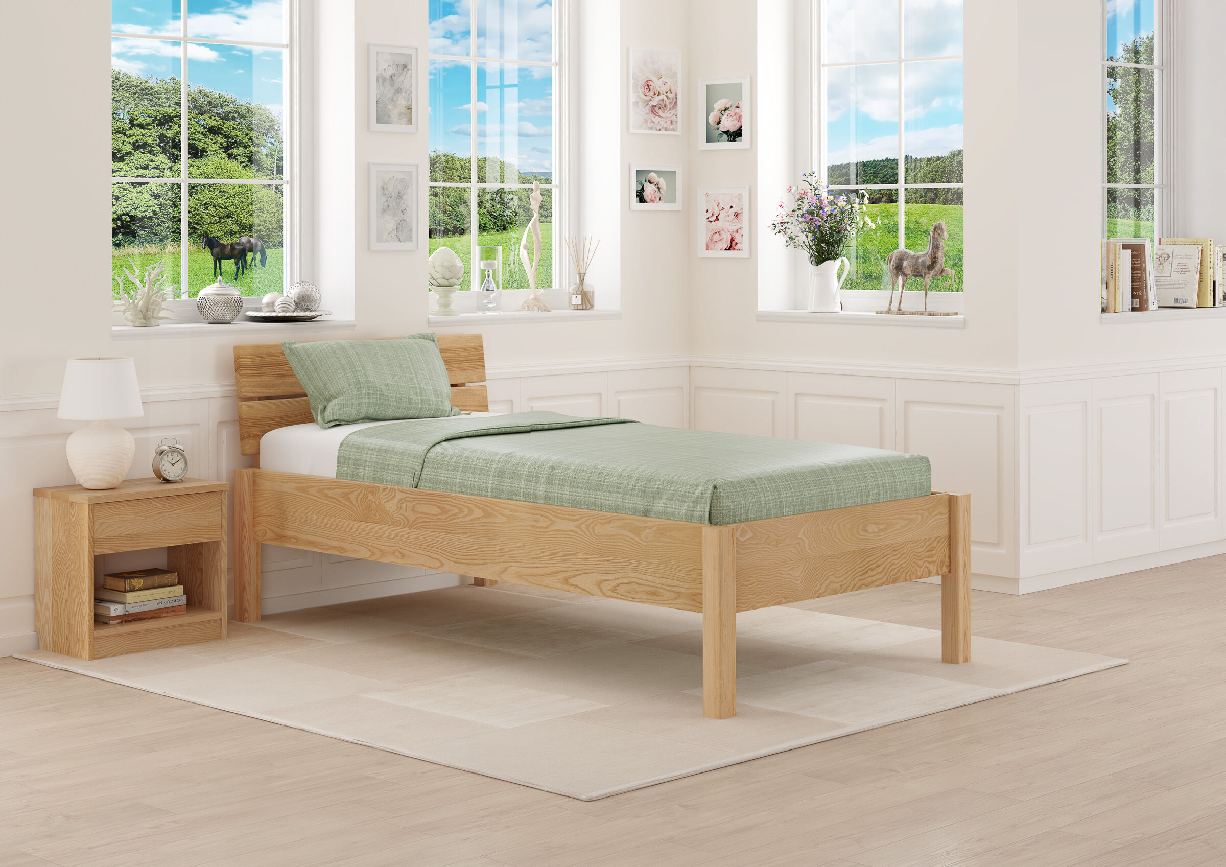 Holzbettrahmen, Einzelbett, Grünes Bettzeug, Holzrahmen, Schlichtes Zimmer, Schlafzimmerbild des metallfreien Massivholzbettes 80x200
