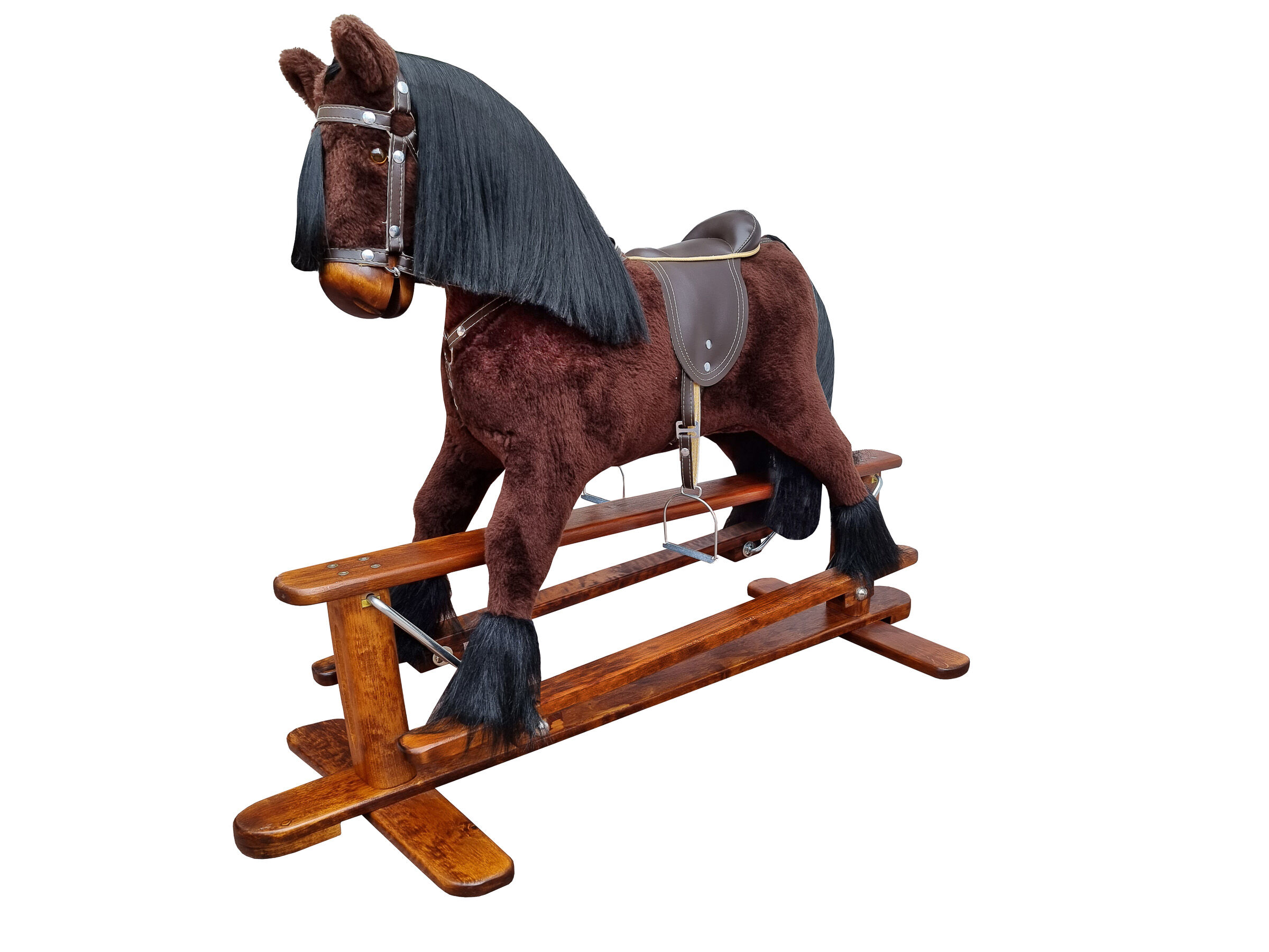 Trojanes Pferd, Stehendes Pferd, Samtfell, Hufschuh, Holzbock, Schaukelpferd braun