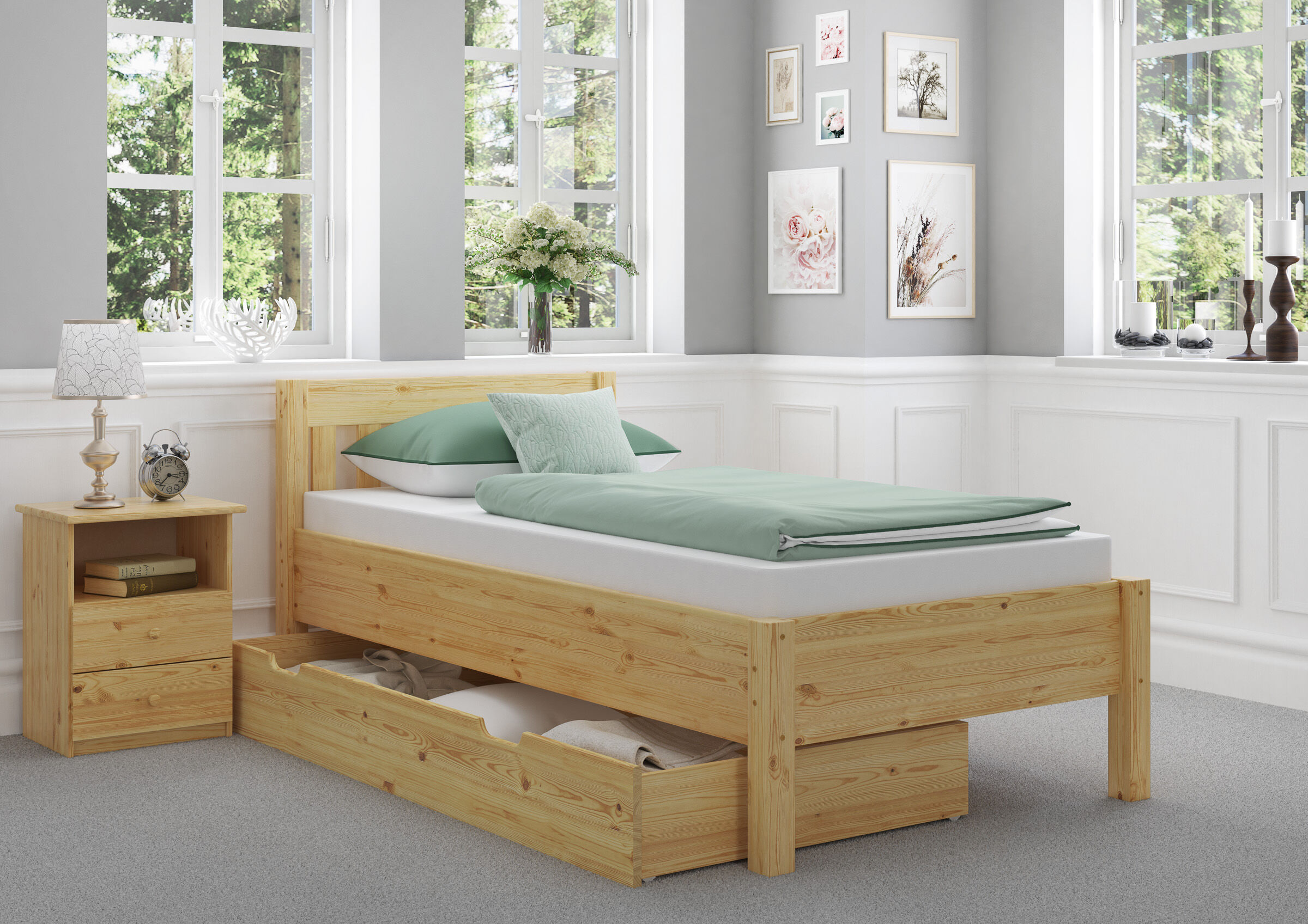 bett, rahmenbett, Holzbett, Schublade, Kopfteil, Schlafzimmerbild Kiefer Bett mit Bettkasten