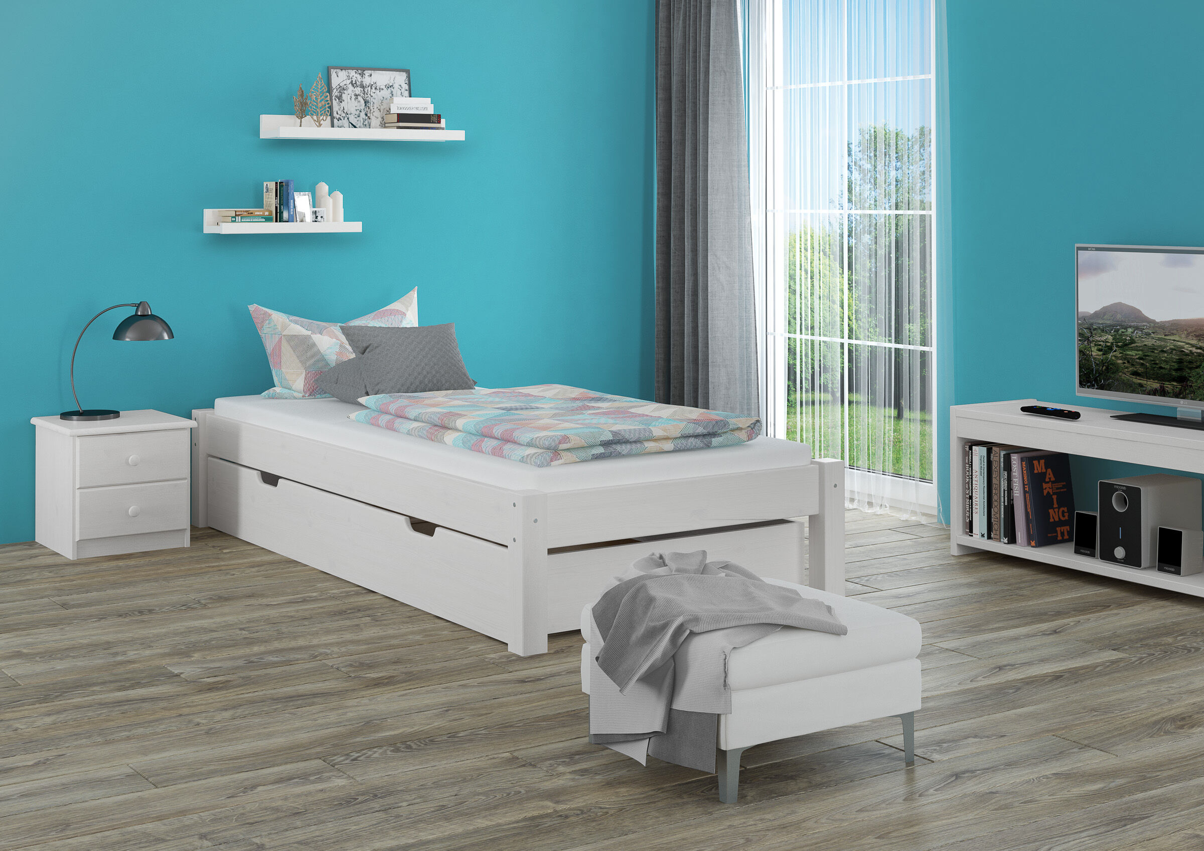 Schlafzimmer, Bett, Bettgestell, Weißes Möbel-Set, Holzboden, Jugendzimmer mit Holzbett und Bettkasten Kiefer weiß