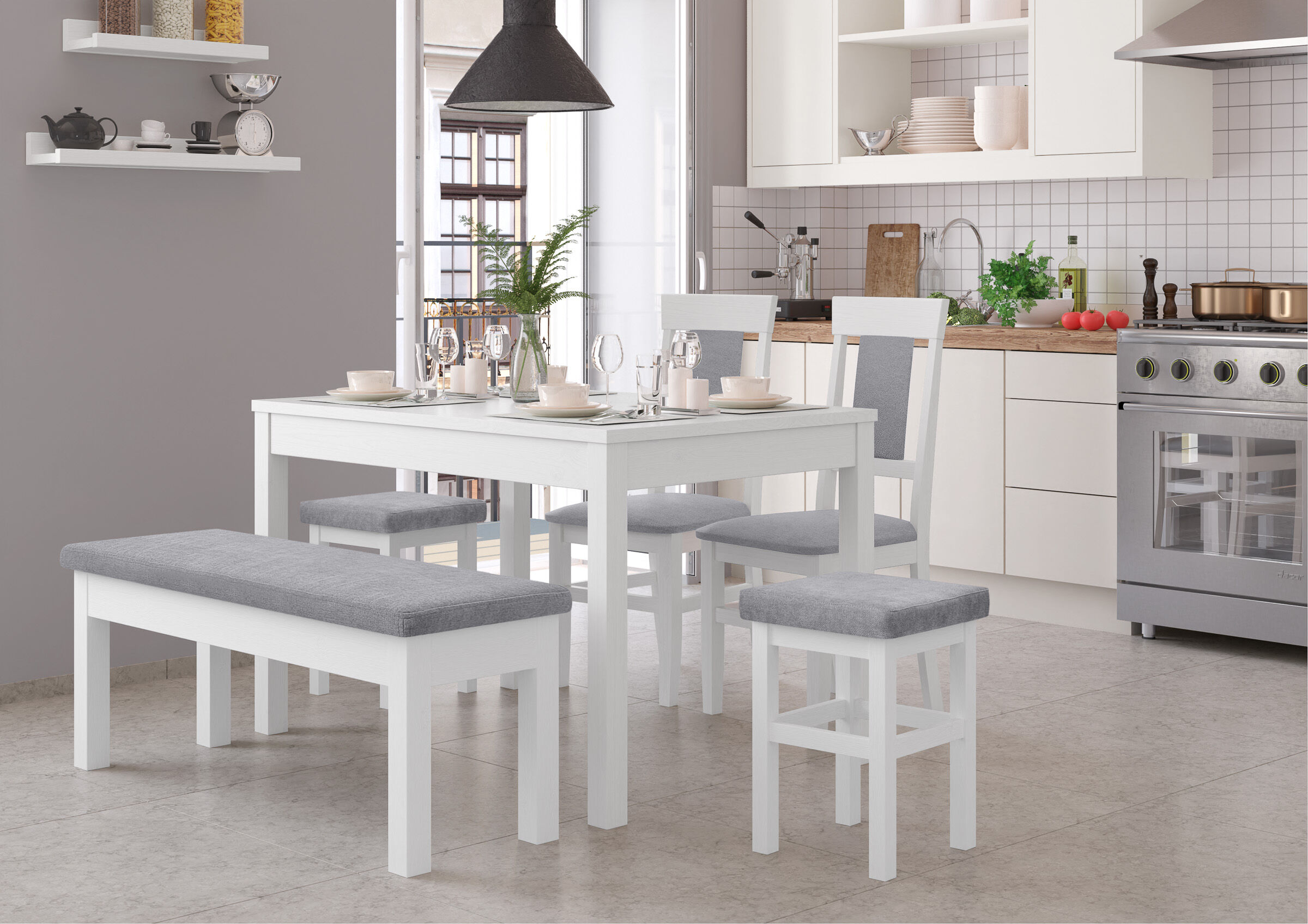 Esstisch-Set, Holztisch, Stühle mit Polster, weiß, küchenstuhl, Küchenbank Kiefer weiß