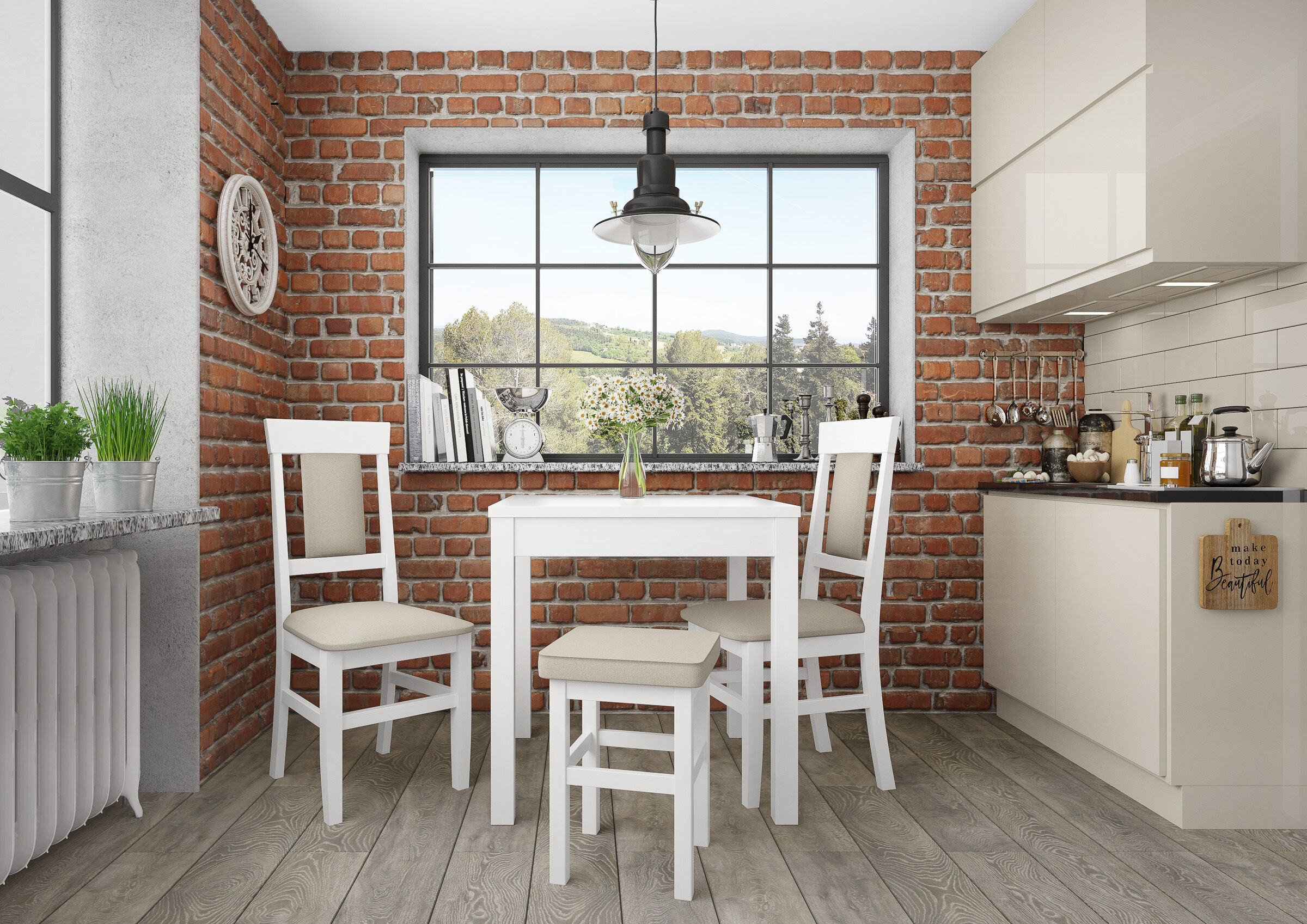 kitchen, dining table, chairs, brick wall, windowsill,