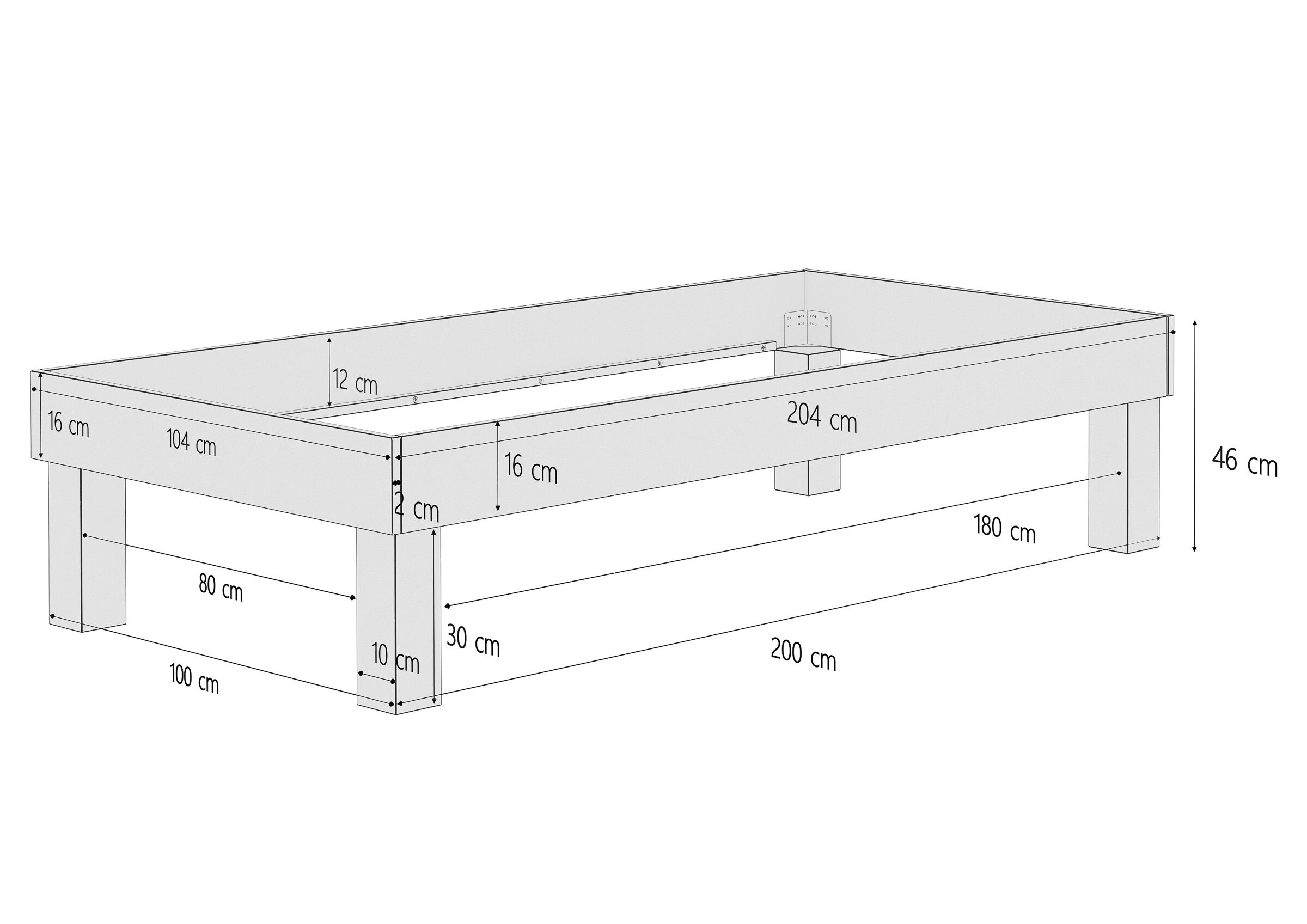 Skizze Maße 100x200 cm Holzbett Einzelbett Buche Bettrahmen Futonbett Breite wählbar mit hohen Füßen V-60.87W-H