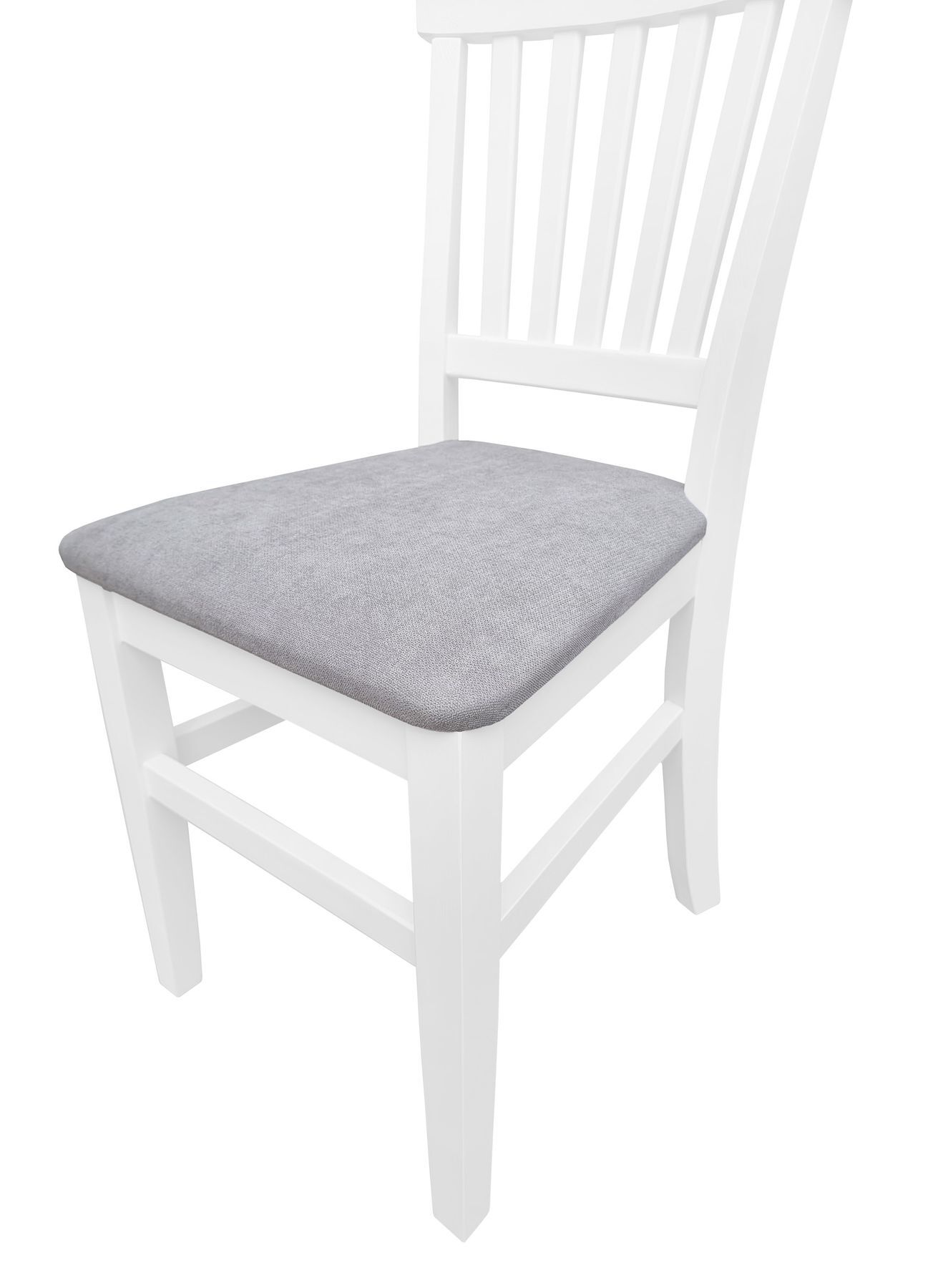 Stuhl, weiße Farbe, Holzstuhl, Sitzkissen, grau Sitzkissen, Küchenstuhl weiß mit grau gepolsterter Sitzfläche