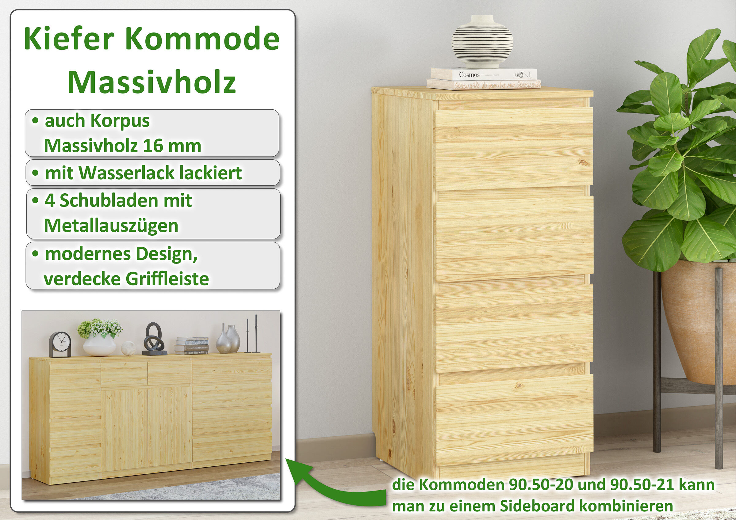 Massivholz, Kiefer, Kommode, Holzlatten, versteckte Griffe, Viele Highlights des schmalen Sideboards