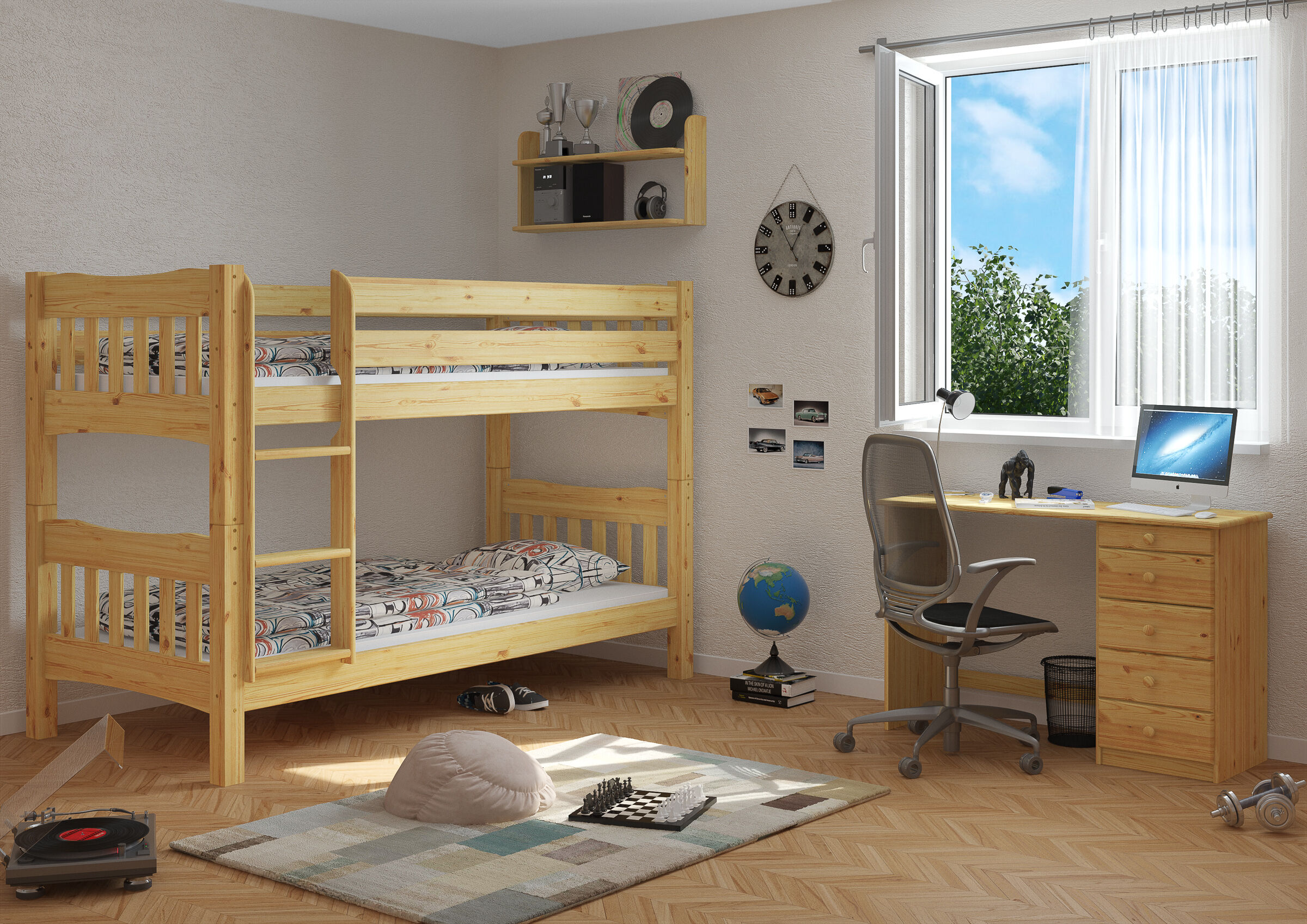 holzbetten, stockbett, jugendzimmer, holzlaminat, schreibtisch, Jugendzimmer Etagenbett