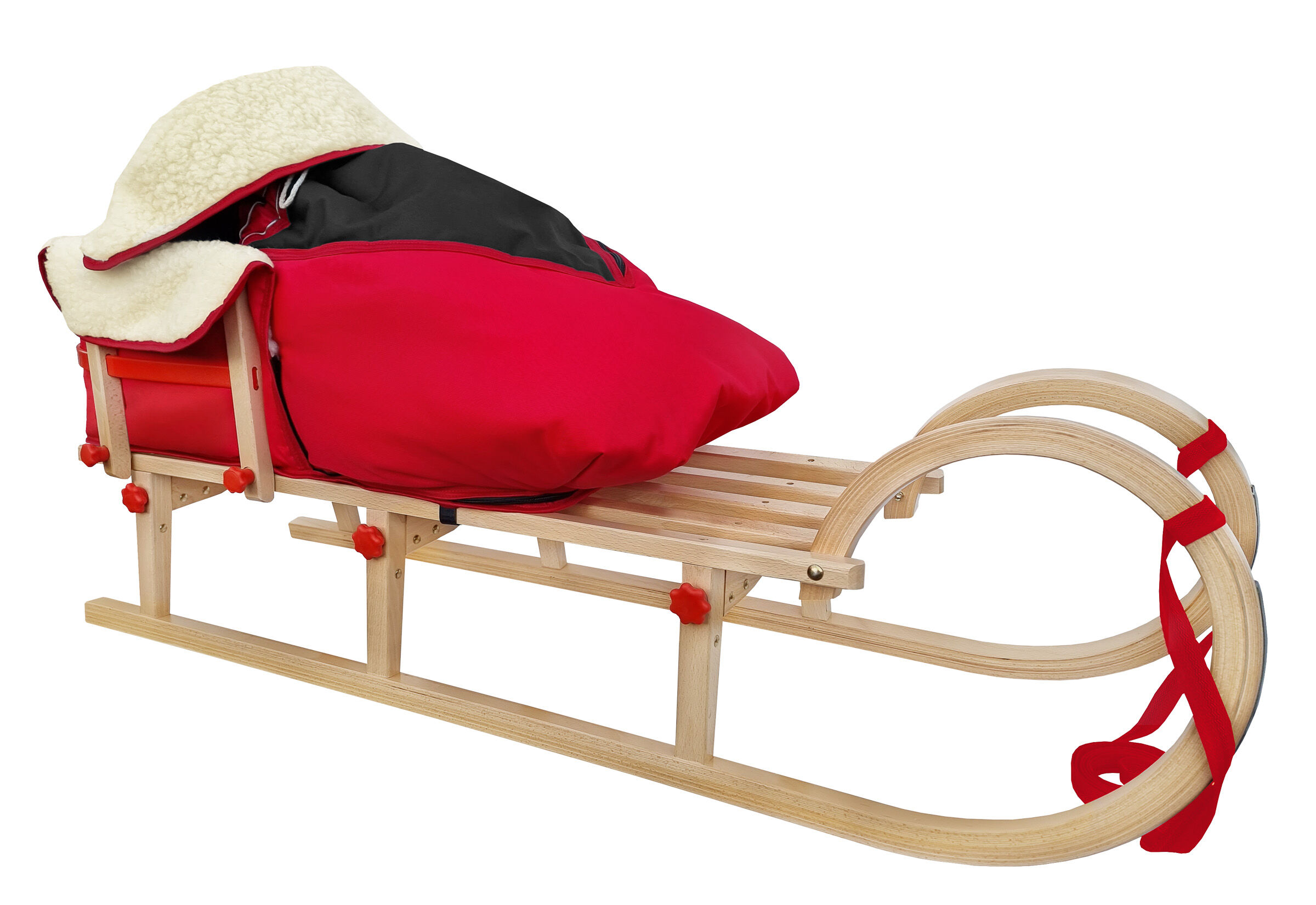 Schlitten, Holzschlitten, Roter Bezug, Fellbezug, Schlaufen/Schlaufenband, Hörnerschlitten mit Fußsack