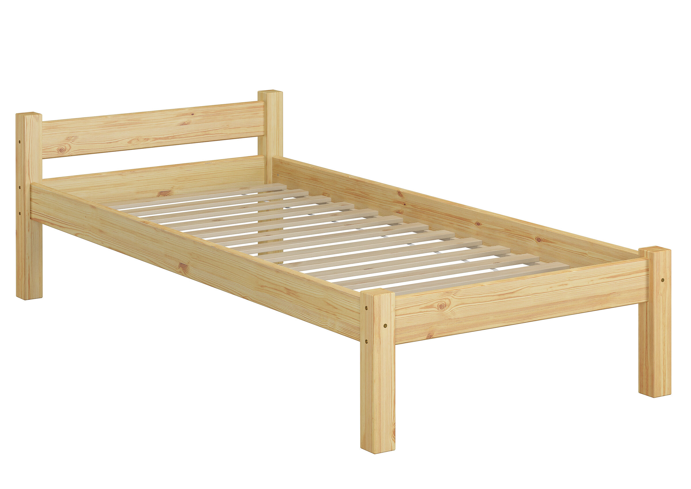 Holzbett, Einzelbett, Holzstruktur, Lattenrost, Naturholz, Jugendbett mit Kopfteil Kiefer natur mit Rollrost