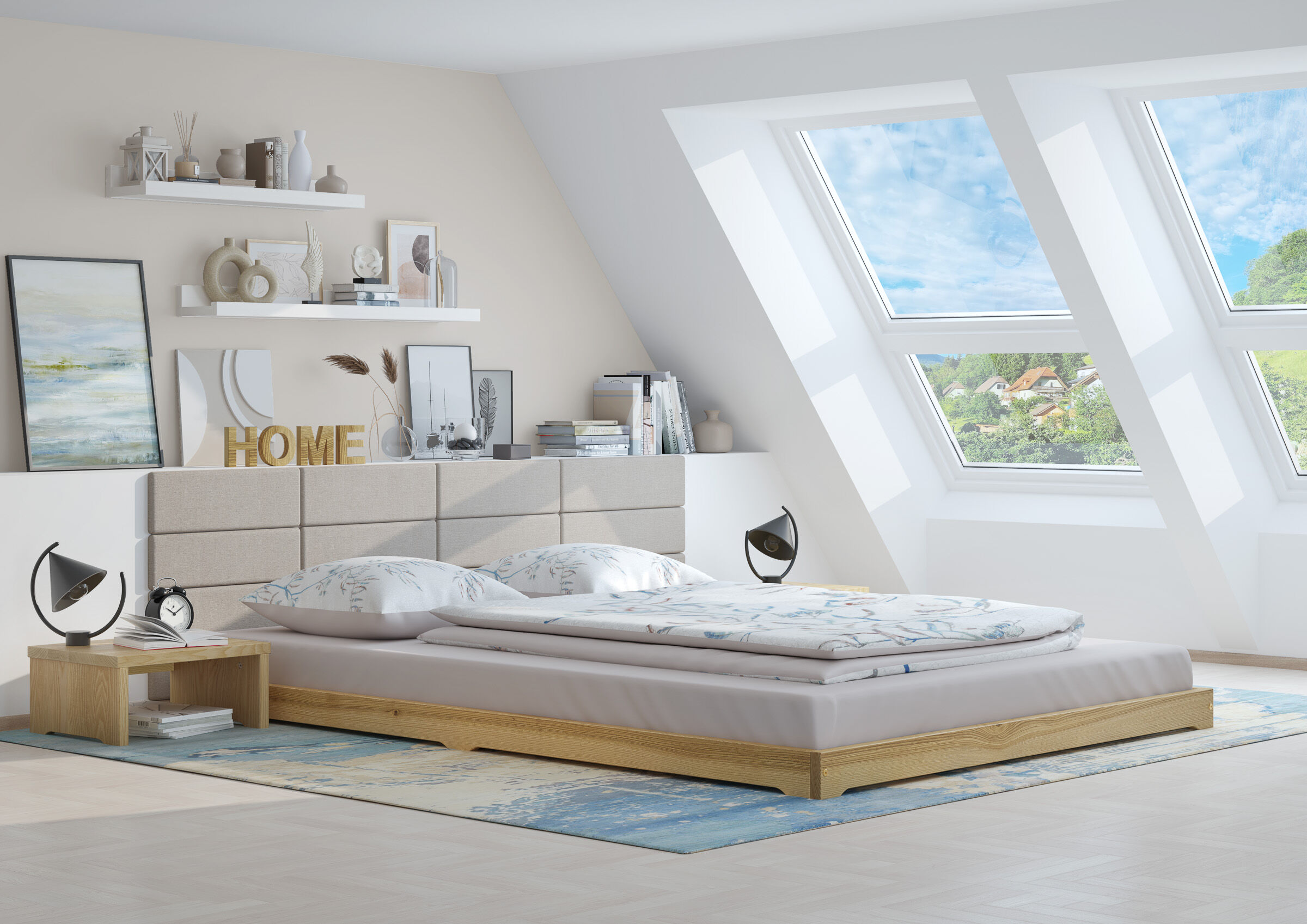 Bett, Boxspringbett, Holzrahmen, Bettkopfteil, Deko-Regale,