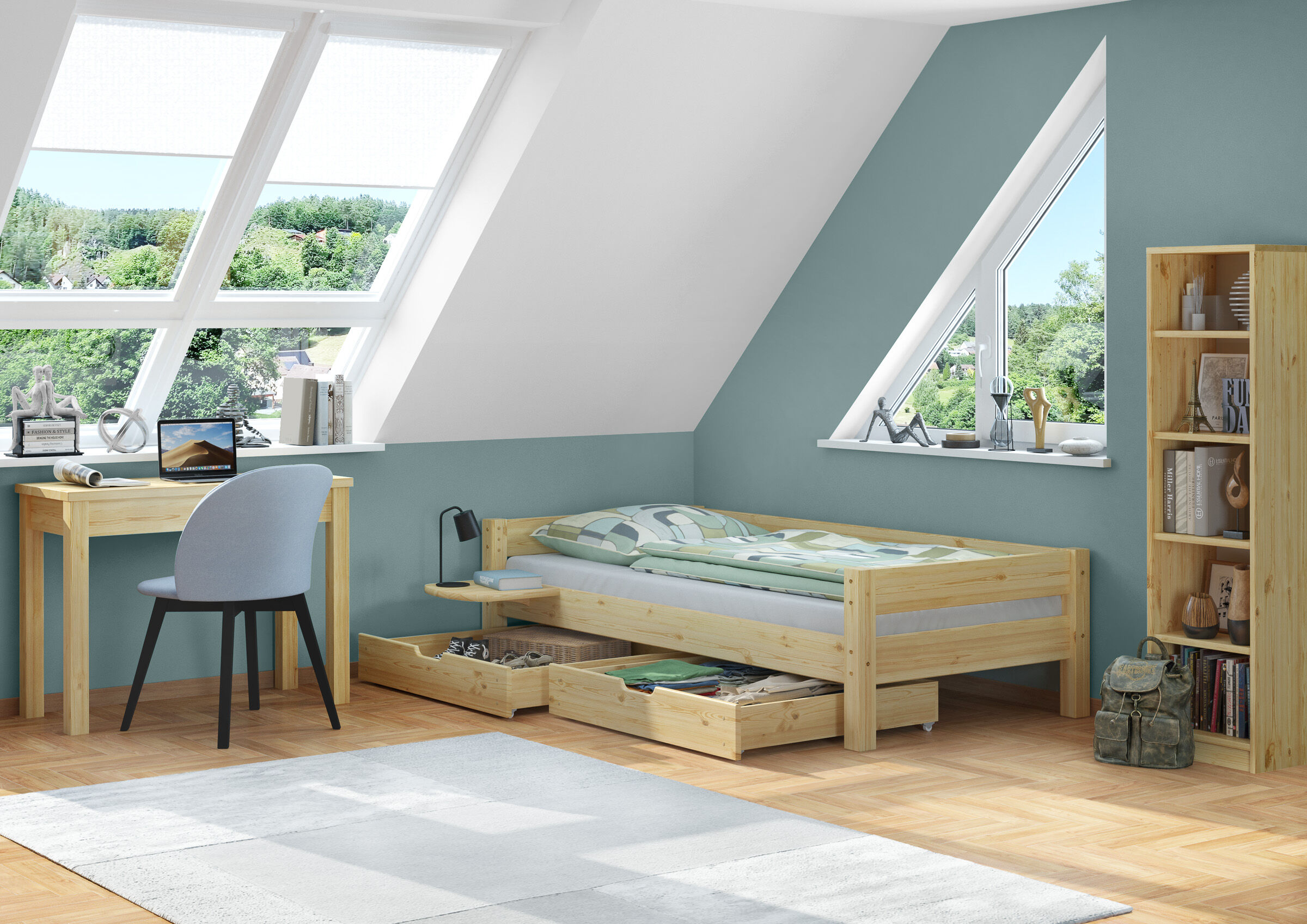 Kleiderschrank, Bett, Nachttisch, Schreibtisch, Bücherregal, Zimmerbild Jugendzimmer Kiefer natur