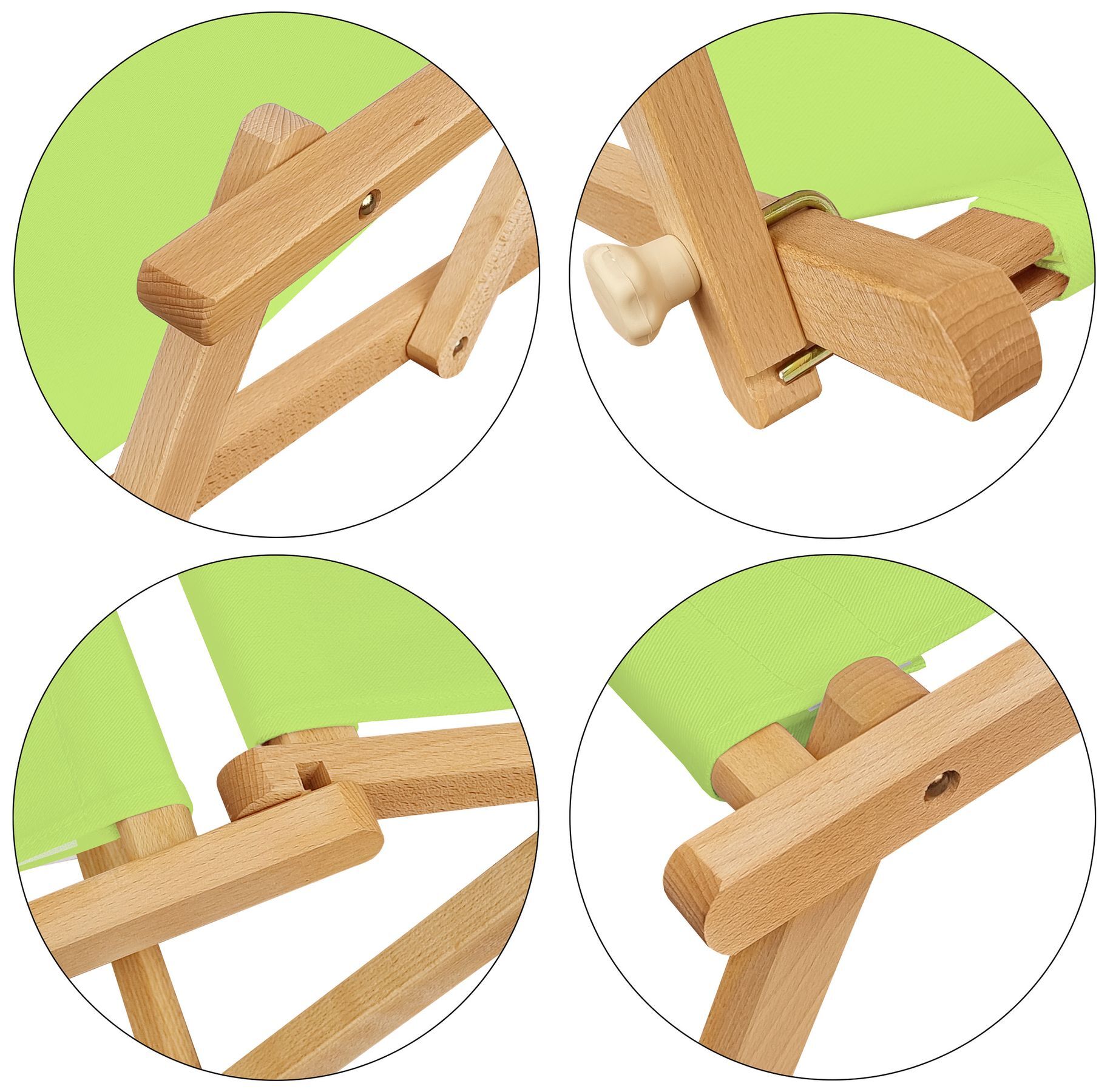 Holzstuhl, Klappstuhl, Holzrahmen, Grüner Stoff, Holzknopf, Detailbild der Stofffarbe Pistazie und des Rahmens aus Buche