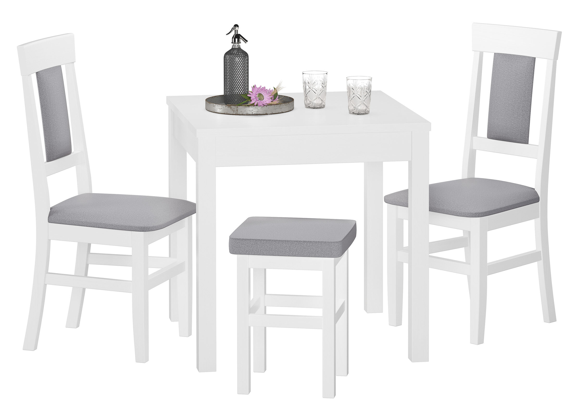 Esstisch, Stühle, Sitzbank, weiß, grau, weiße Küchenstühle mit kleinem Hocker
