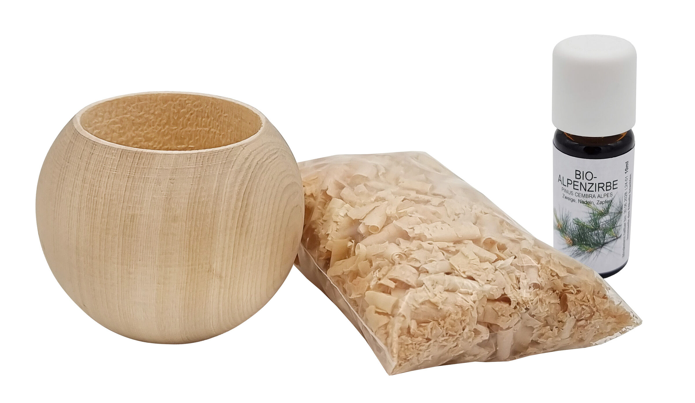 Holzschale, Holzwerkzeug, Ätherisches Öl, Kräuterduft, Dekoration, Zirbenkugel mit Spähne und Öl