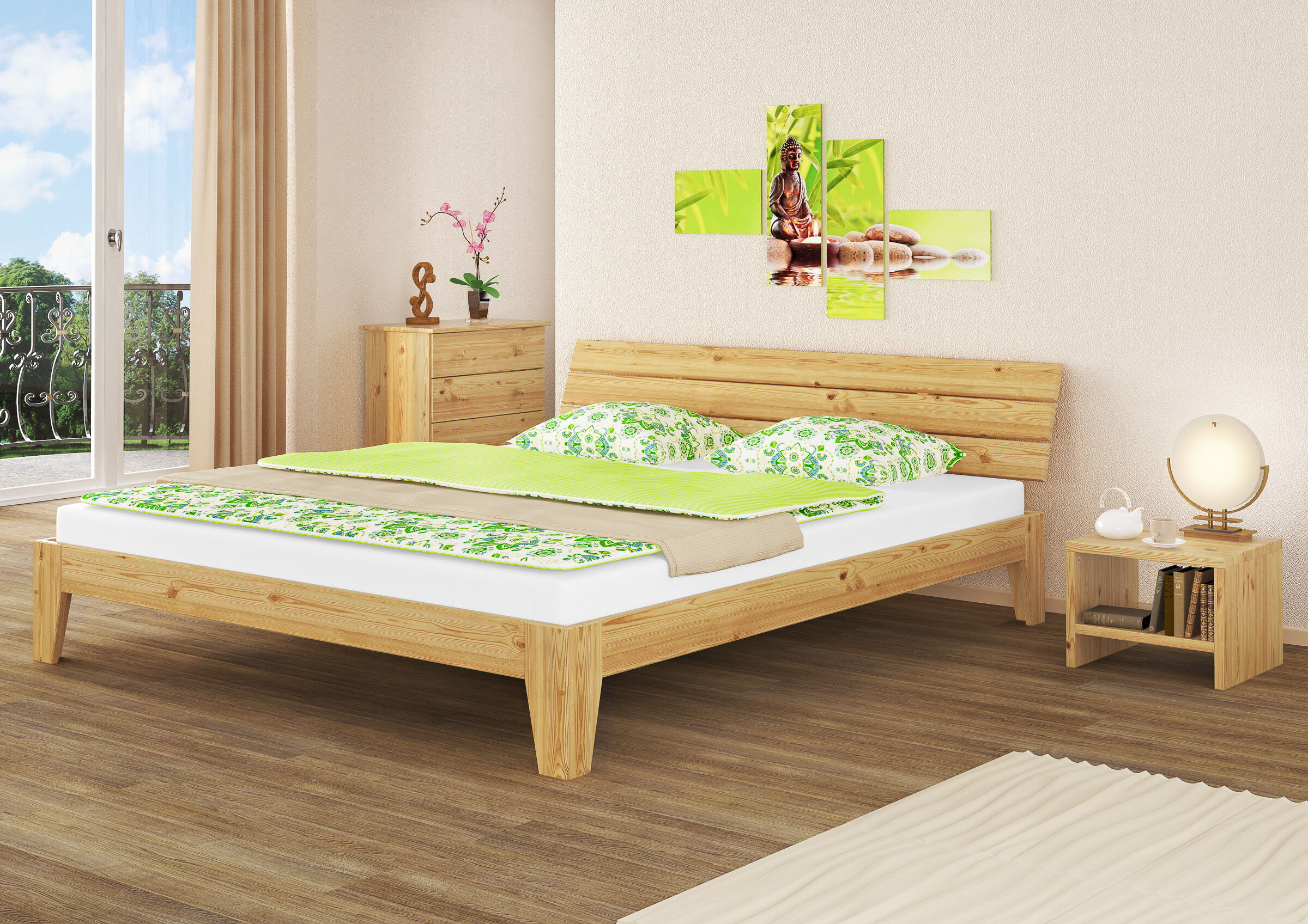 bett, holzbettrahmen, balkenbett, grün, kissenbezüge, Schlafzimmer mit Doppelbett in Kiefer natur