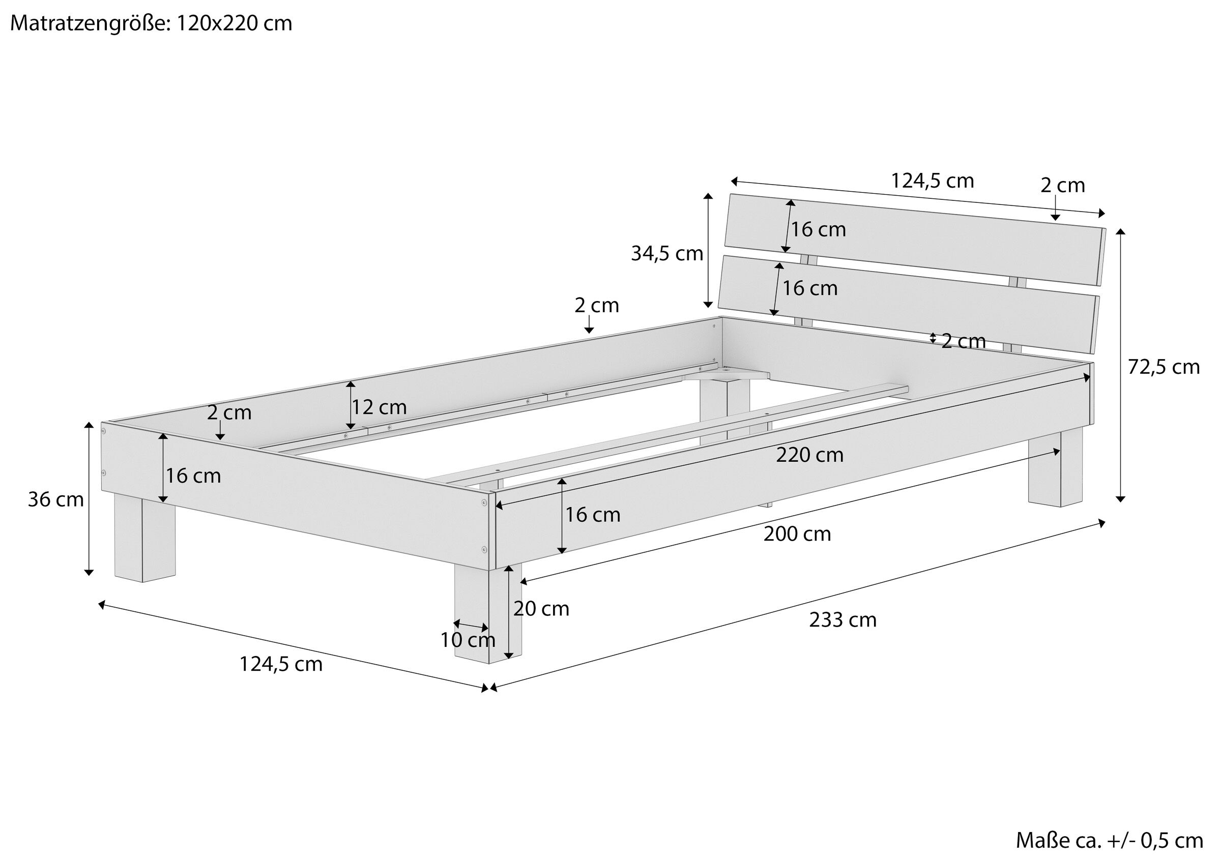 bettrahmen, bettgestell, holzbettrahmen, rahmenbreite 200-220, matratzenrahmen, Maße des Futonbettes 120x220 mit Lehne