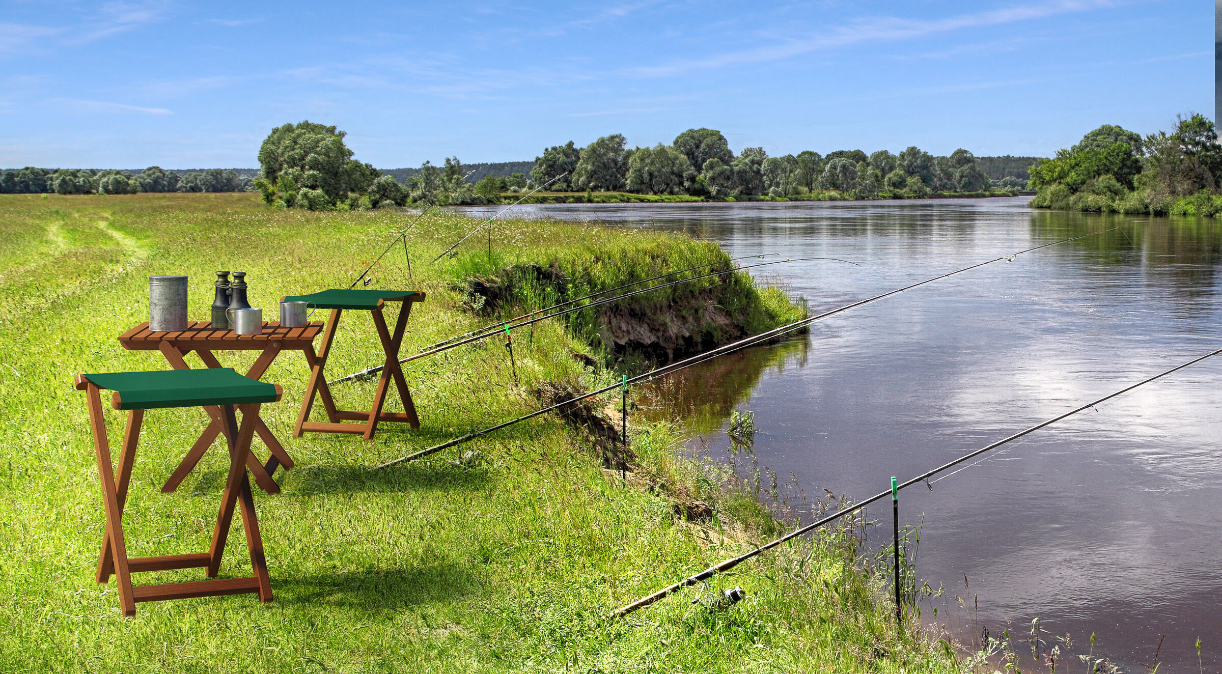 fishing, Fluss, Camping, Tisch, Outdoor, zwei Campingstühle mit Beistelltisch