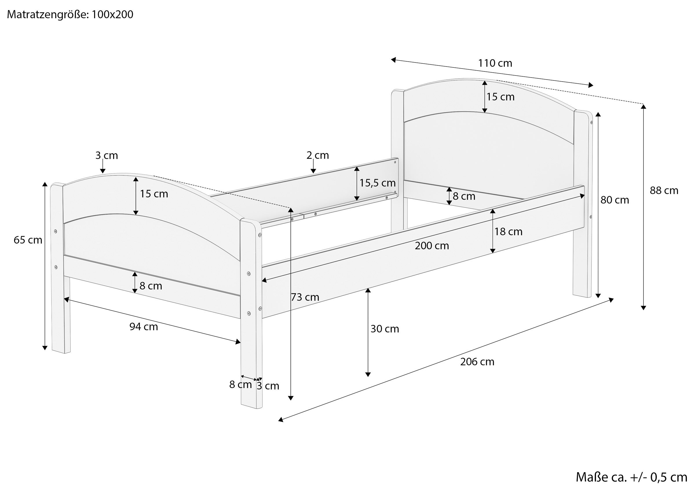 Einzelbett, Holzbett, Kinderbett, Maße 100x200, Massivholz, Maßskizze des Holzbettes 100x200