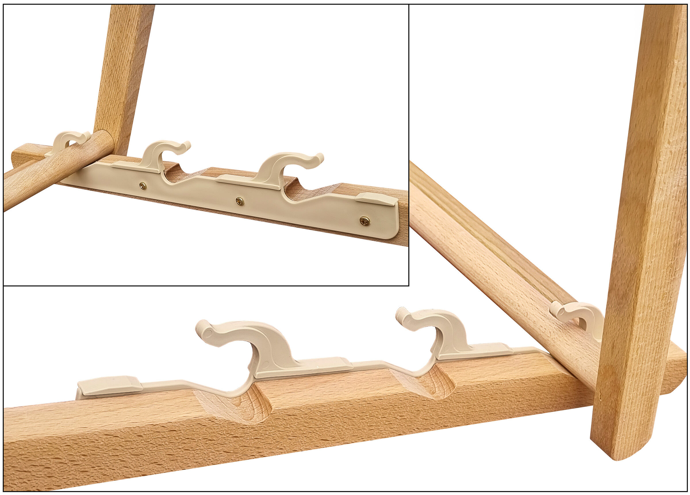 holzener rahmen, hakenhalterung, rahmen aus holz, holzmaserung, kunststoffklemmen, Detailbild der einstellbarer Rückenlehne