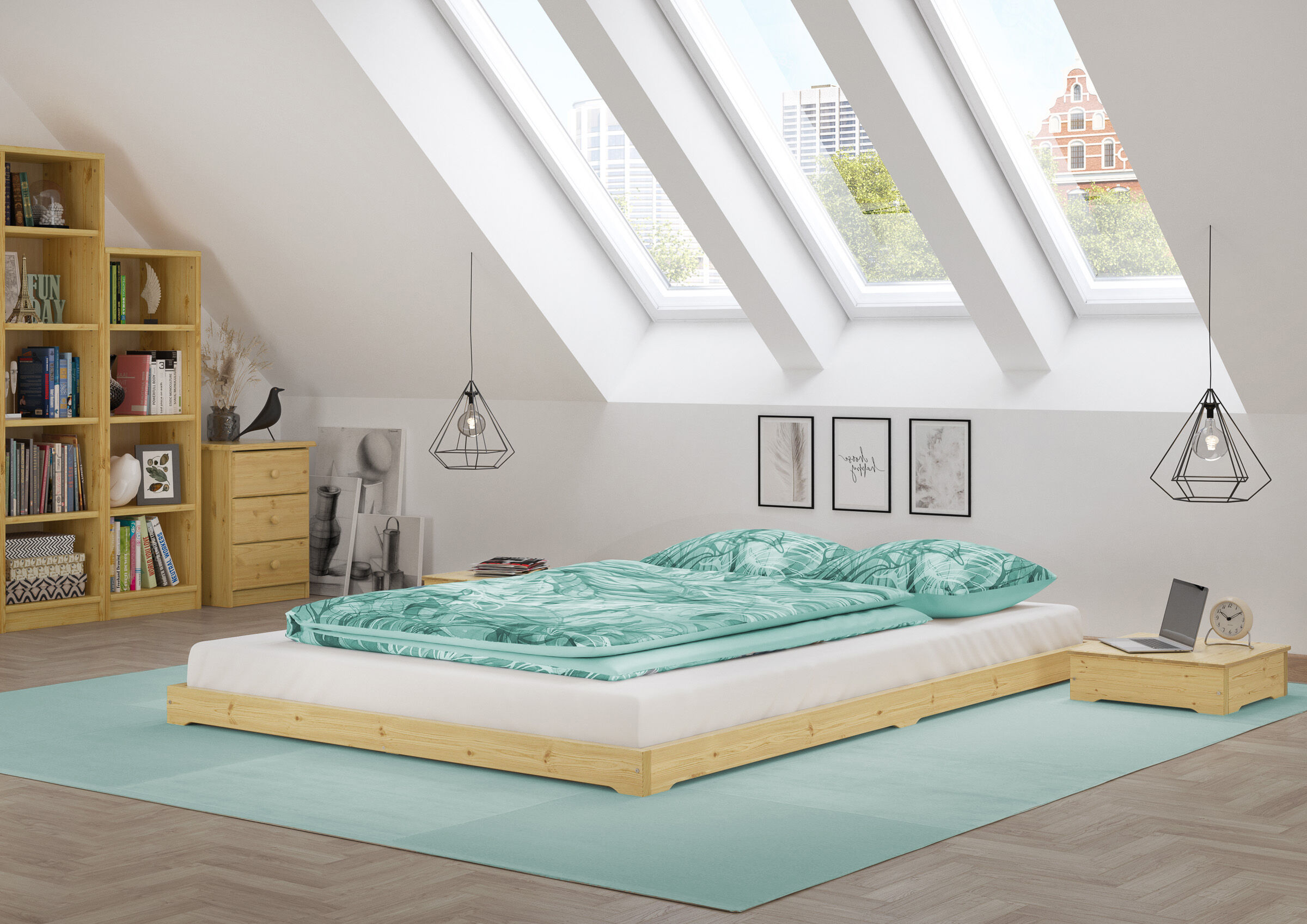 bett, boxspringbett, teppich, mintgrün, dachfensterraum, modernes Loftzimmer Niedrigbett
